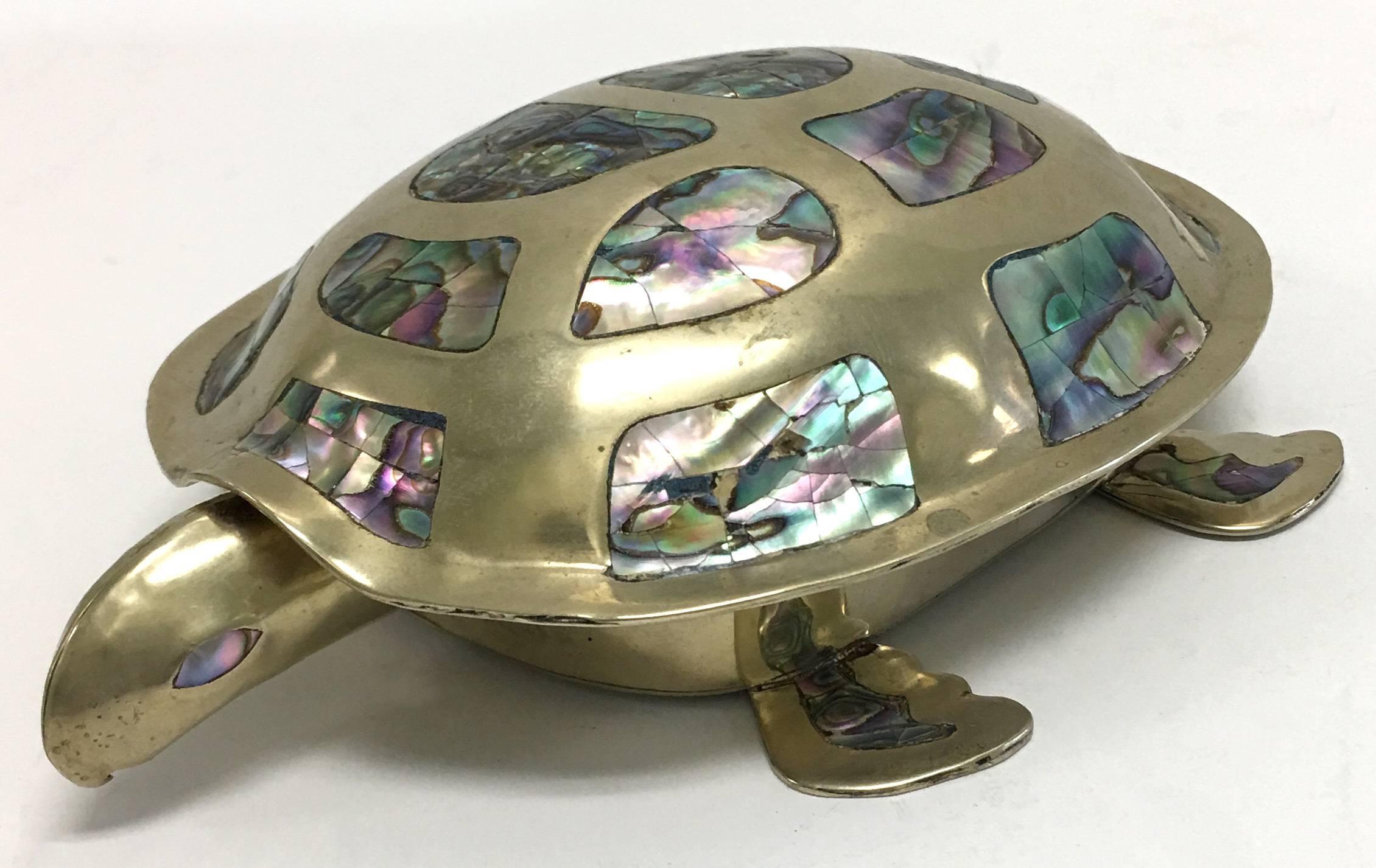 Mexican turtle box made from alpaca silver (nickeled silver) and abalone. Signed 'Mexico' on the underside.