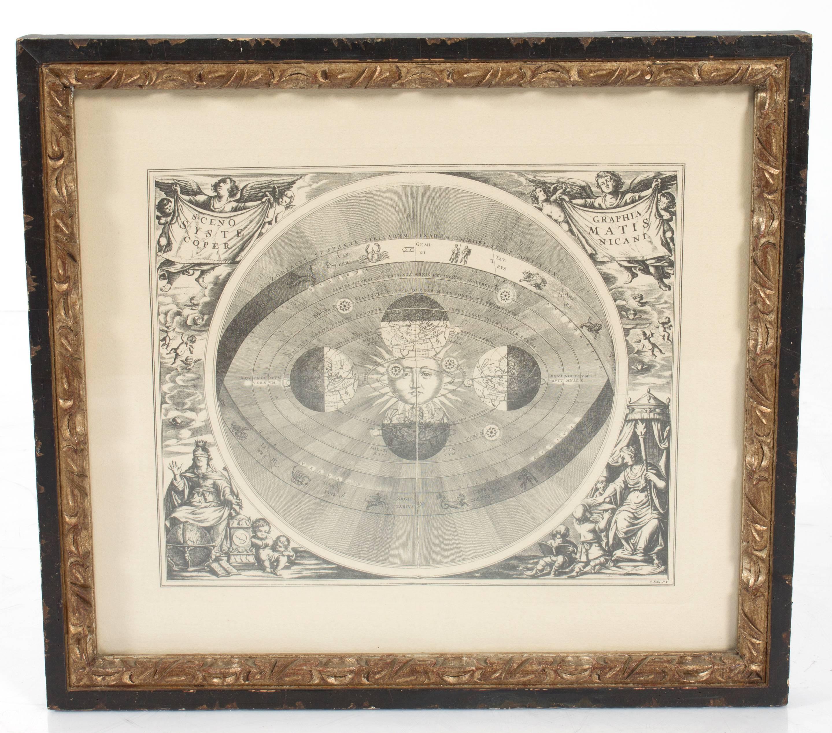 Pair of framed 1950s edition prints of astrological charts by Andreas Cellarius from 