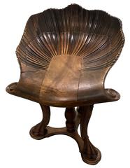 19th Century Italian Grotto Shell Carved Walnut Stool