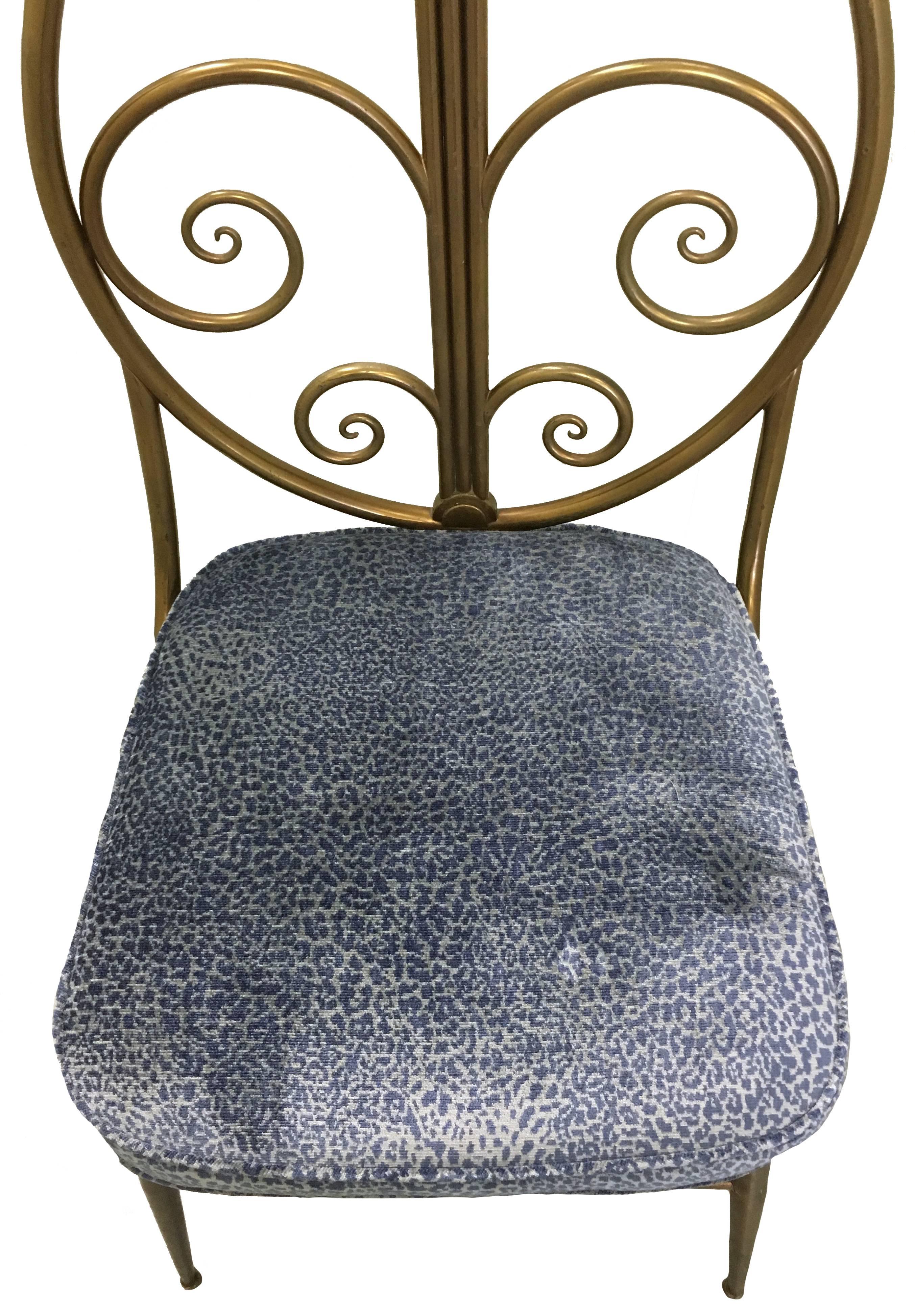 Mid-20th Century Italian Brass Chiavari Chair with Blue Leopard Upholstery