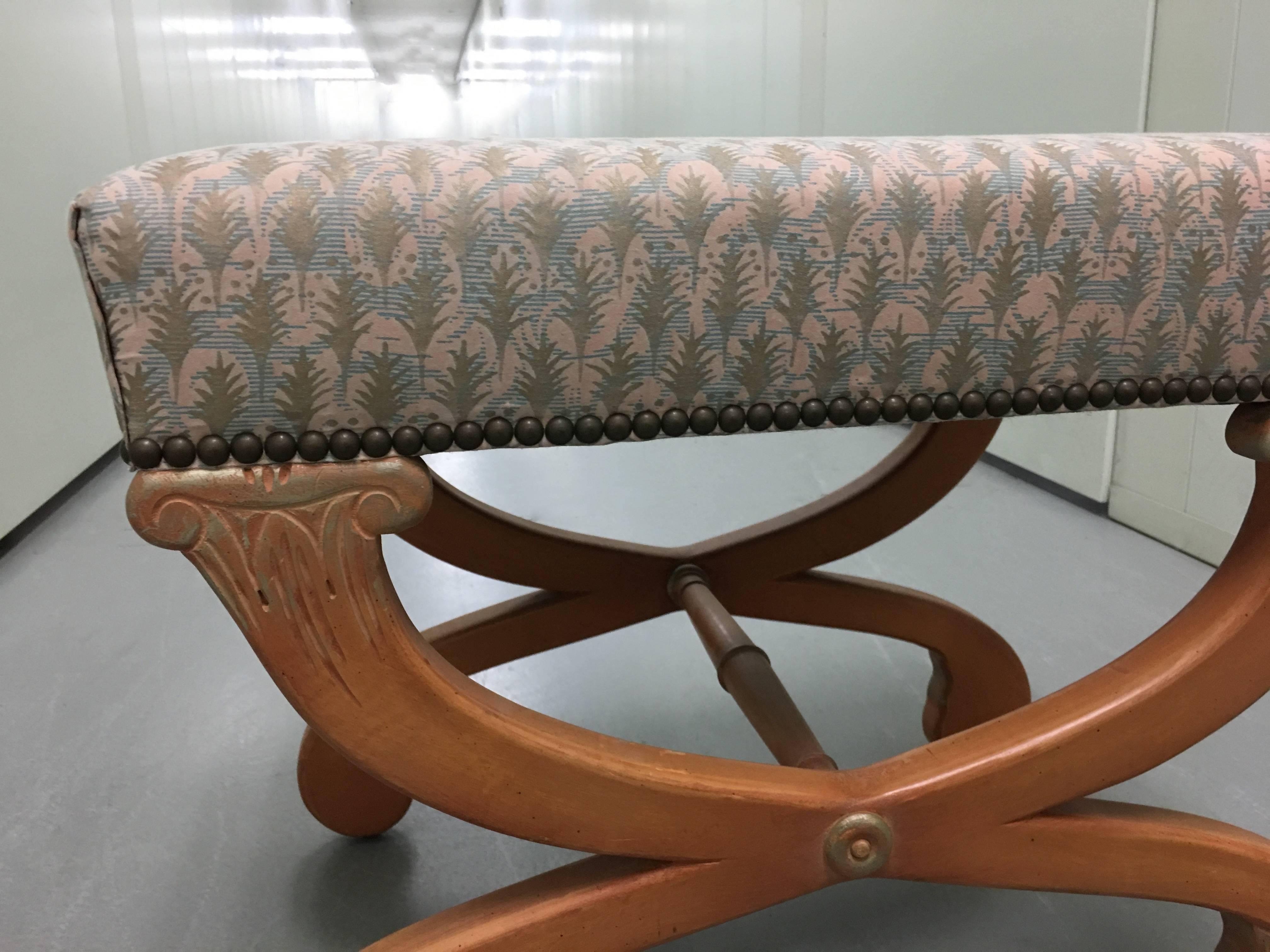 American Pair of Fortuny Upholstered Painted Curule Benches