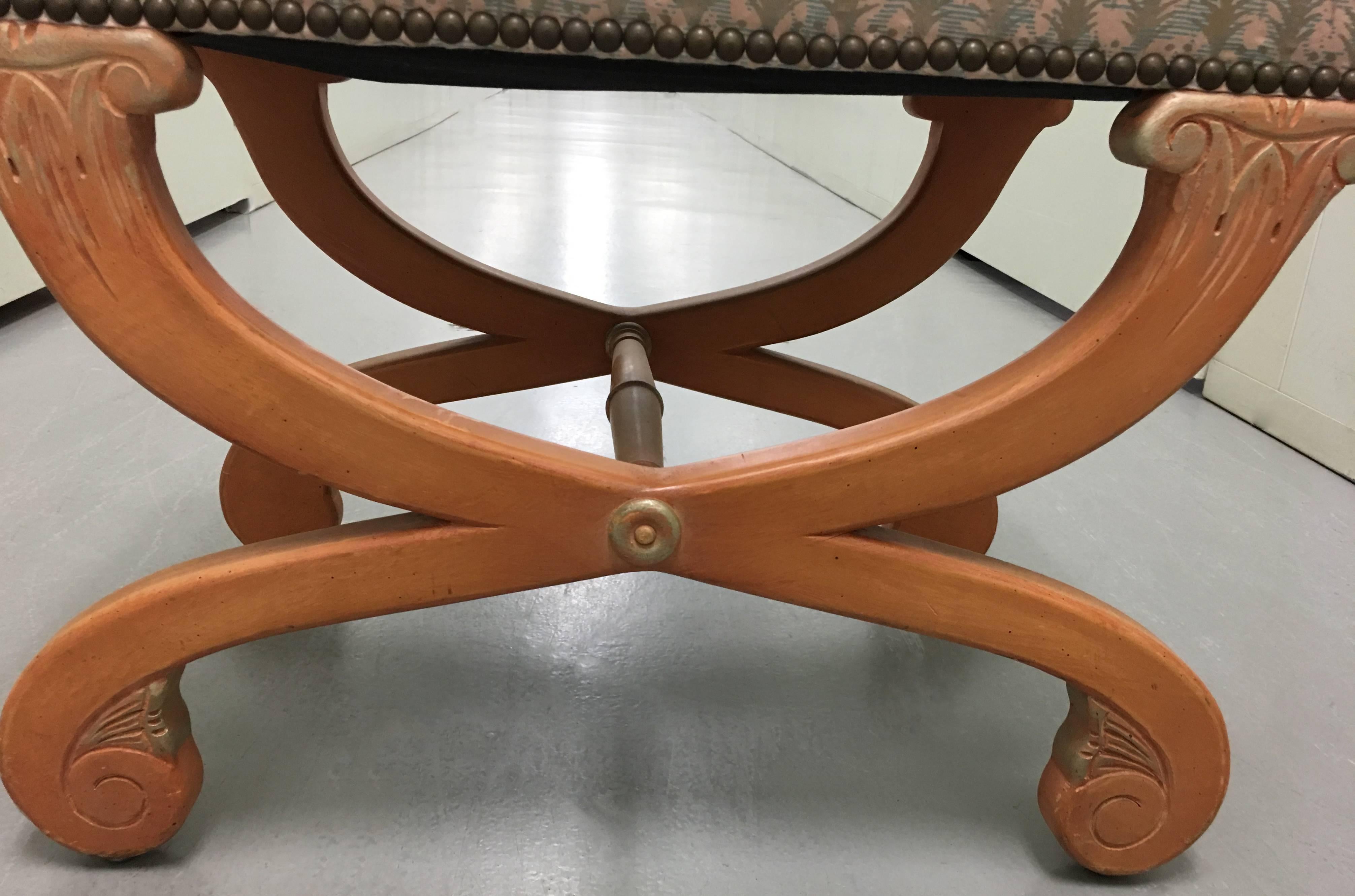 Pair of Fortuny Upholstered Painted Curule Benches In Excellent Condition In Stamford, CT