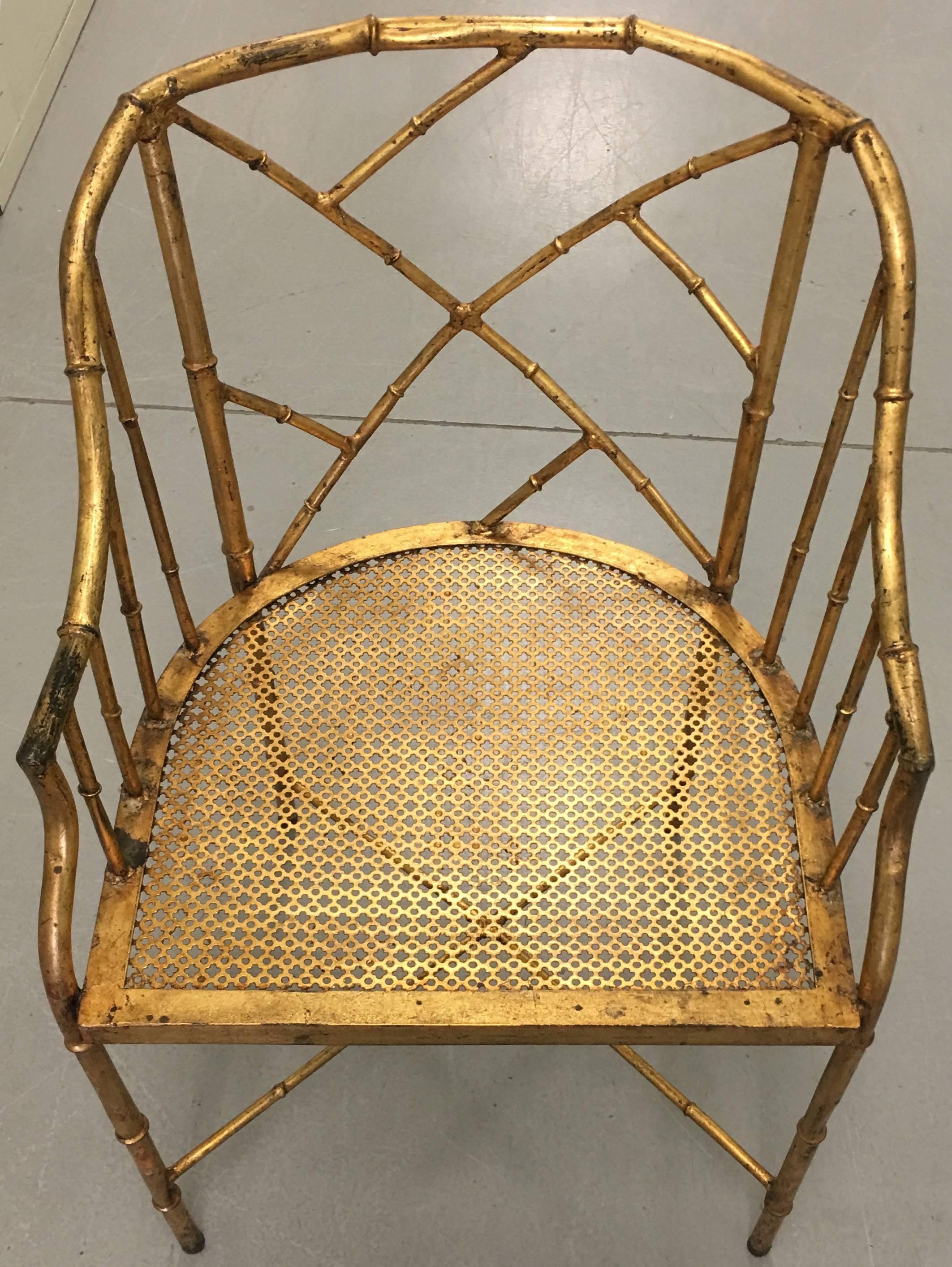 Burnished Gilt Chinoiserie Metal Bamboo Armchair In Good Condition In Stamford, CT