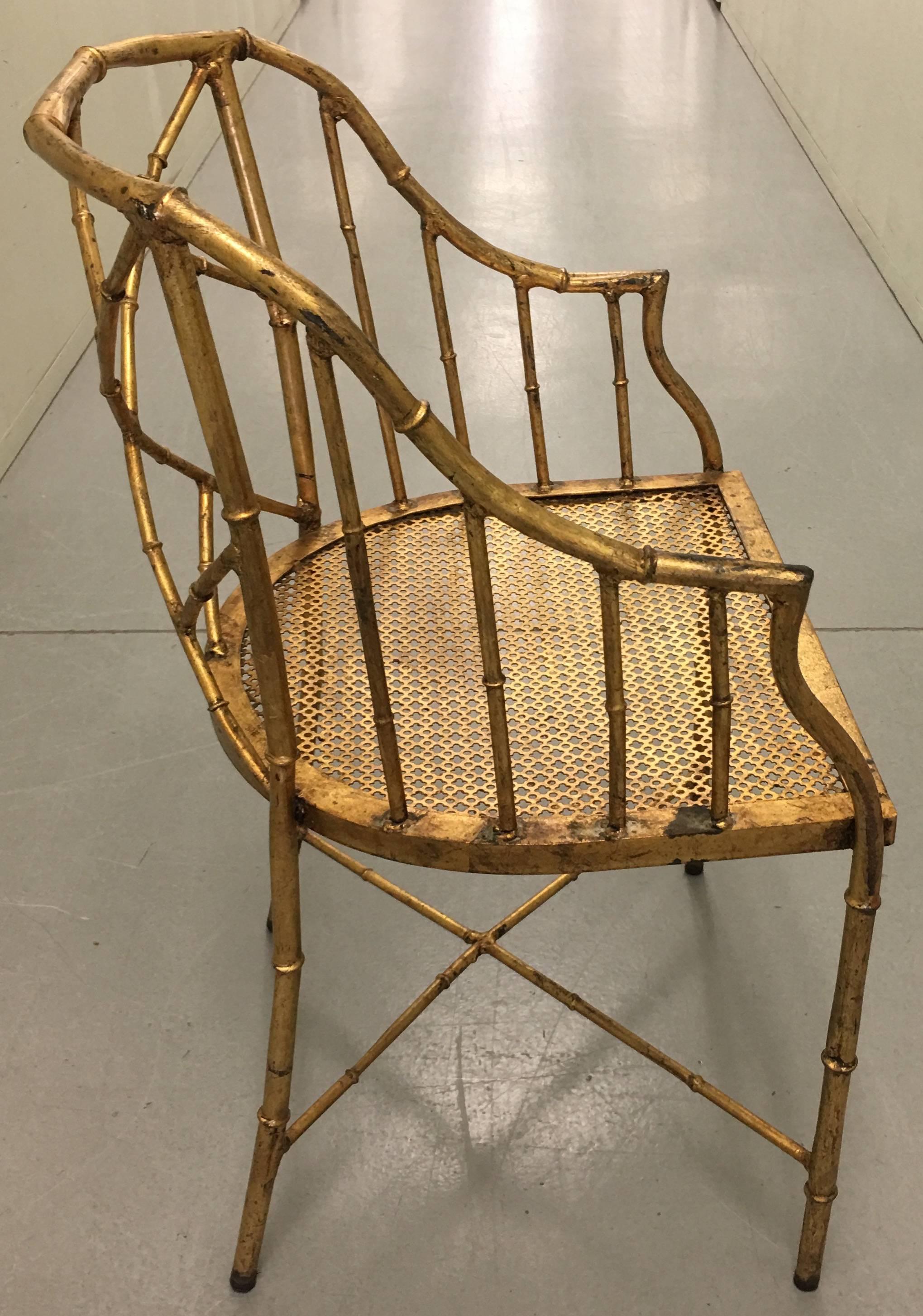 Mid-20th Century Burnished Gilt Chinoiserie Metal Bamboo Armchair