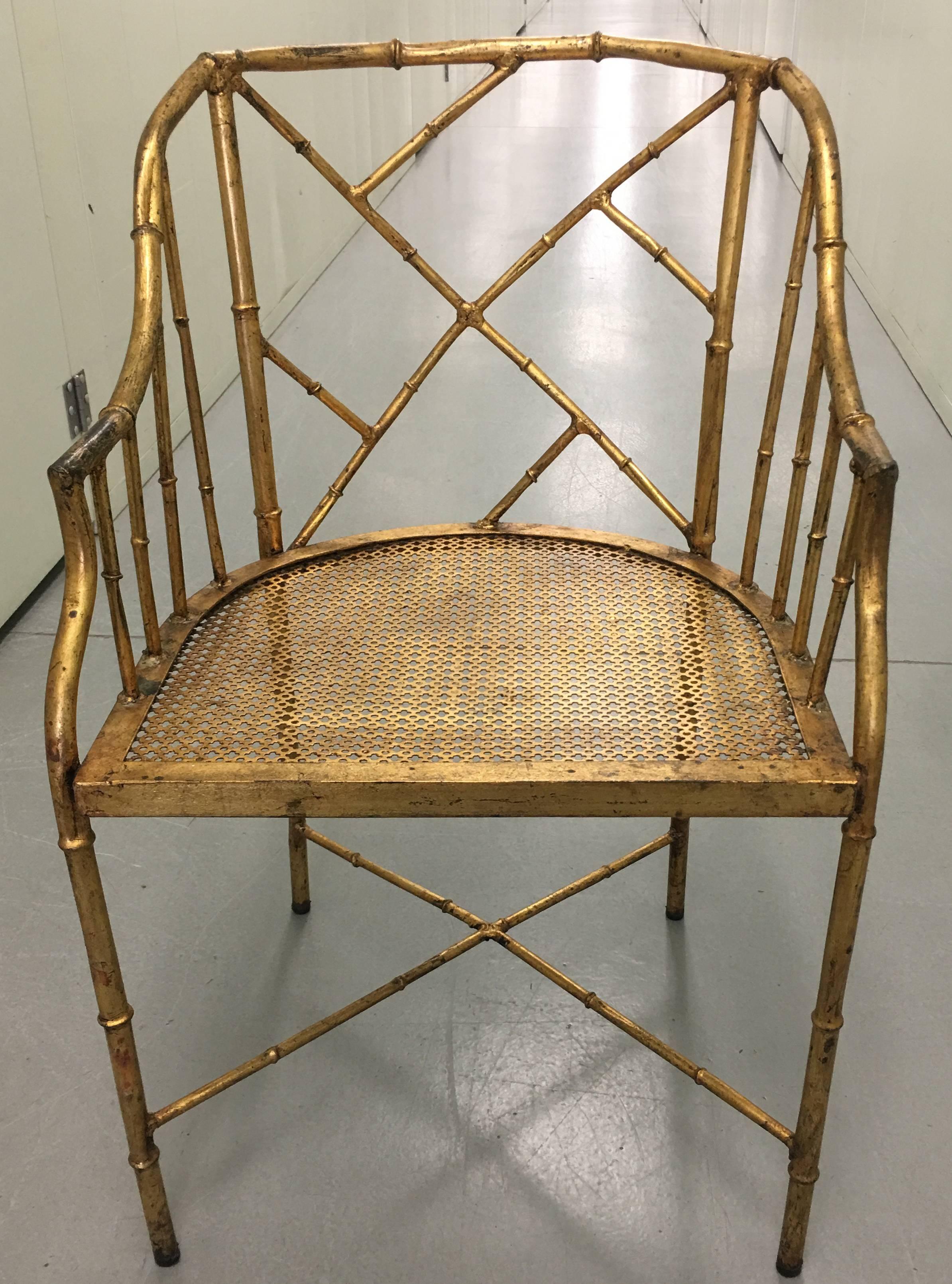 Burnished gilt metal bamboo armchair. Measure: Seat is 17.5