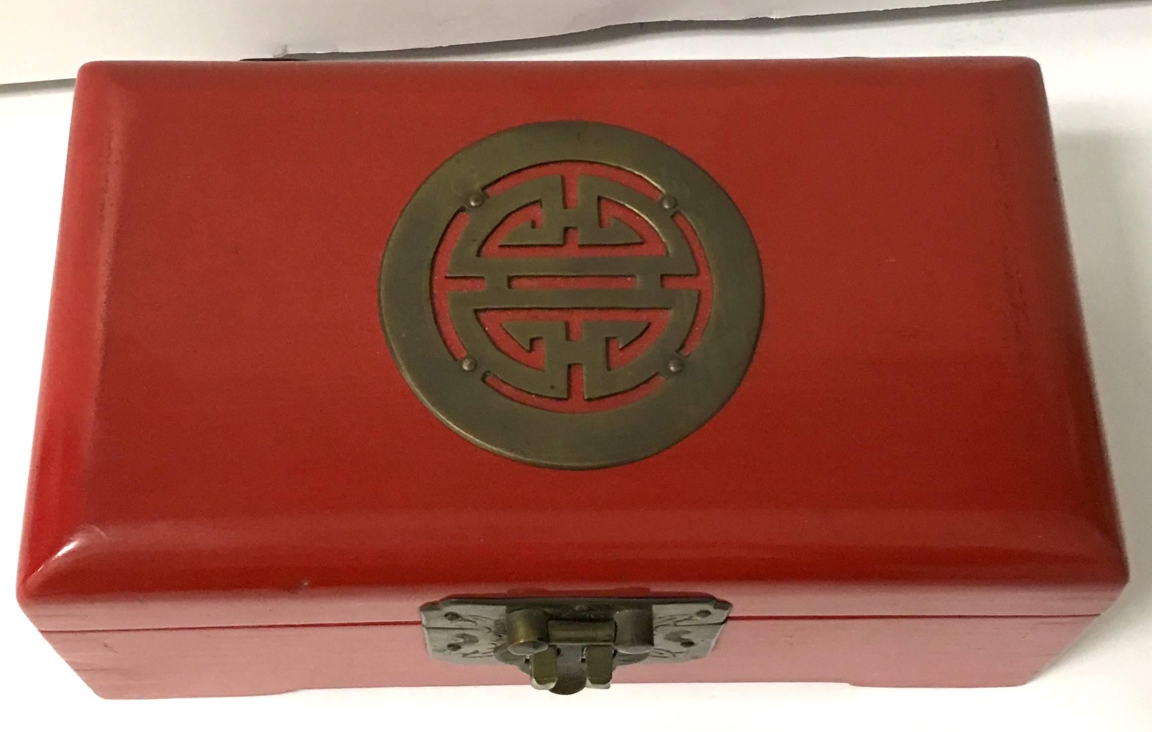 Lacquered Chinese Red Lacquer with Brass Accents Box