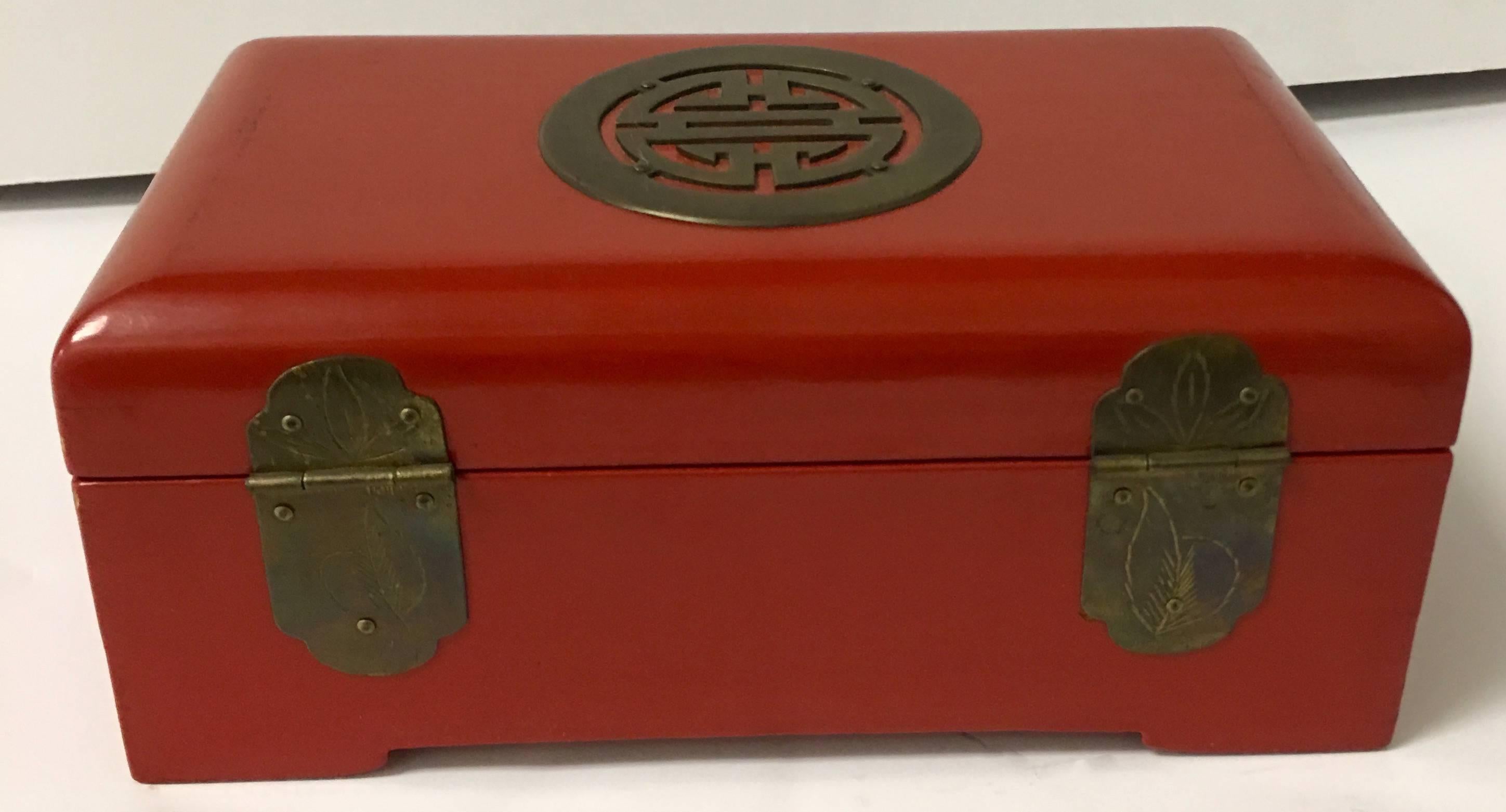 Chinese Red Lacquer with Brass Accents Box In Good Condition In Stamford, CT