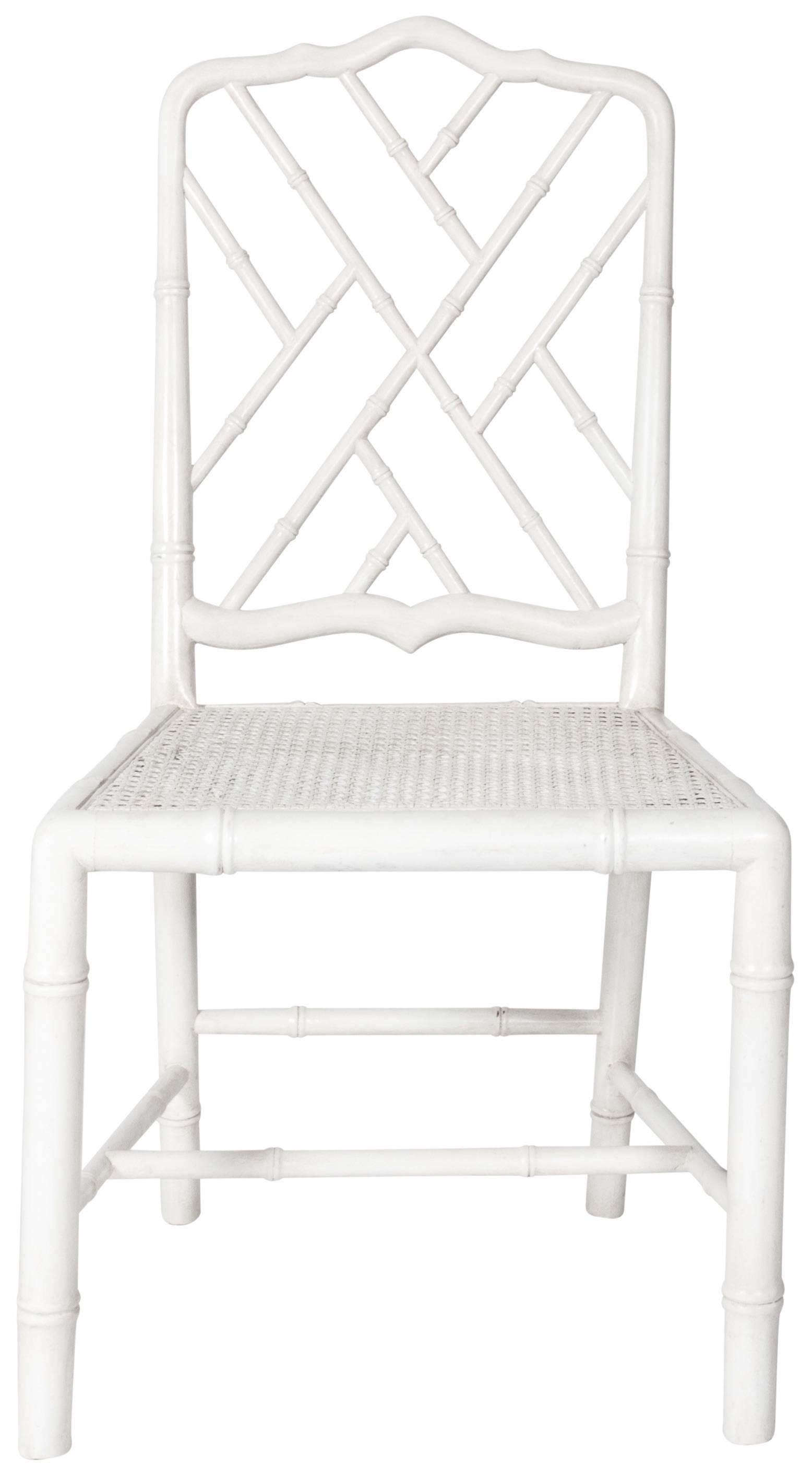 Chinoiserie faux bamboo side chair with original caned seat. Newly repainted in antique white finish.