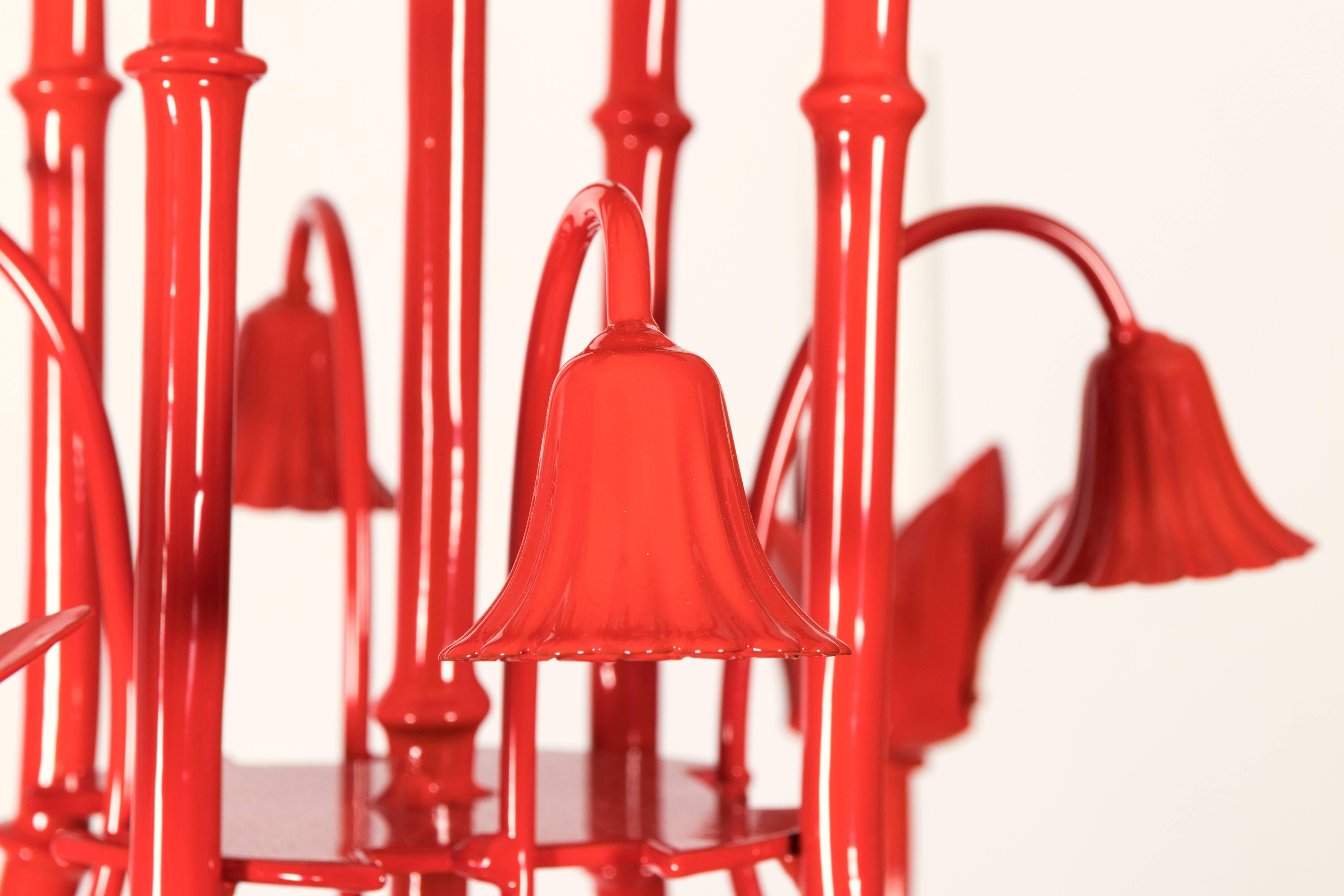 Powder-Coated Petite Red Chinoiserie Pagoda Chandelier