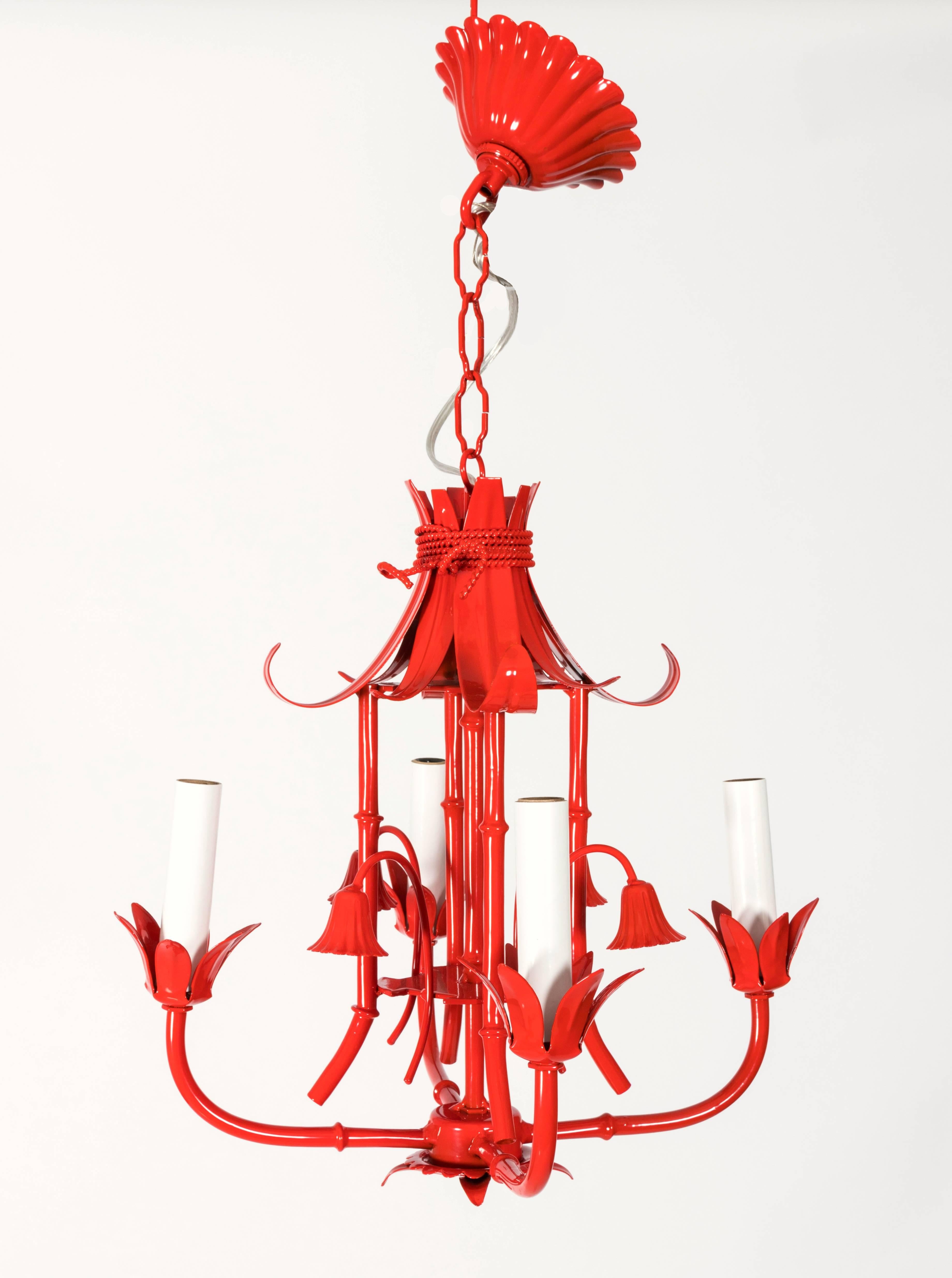 1960s petite chinoiserie chandelier. Newly powder coated in red gloss finish. Newly rewired. Canopy included. Each light takes four chandelier bulbs.