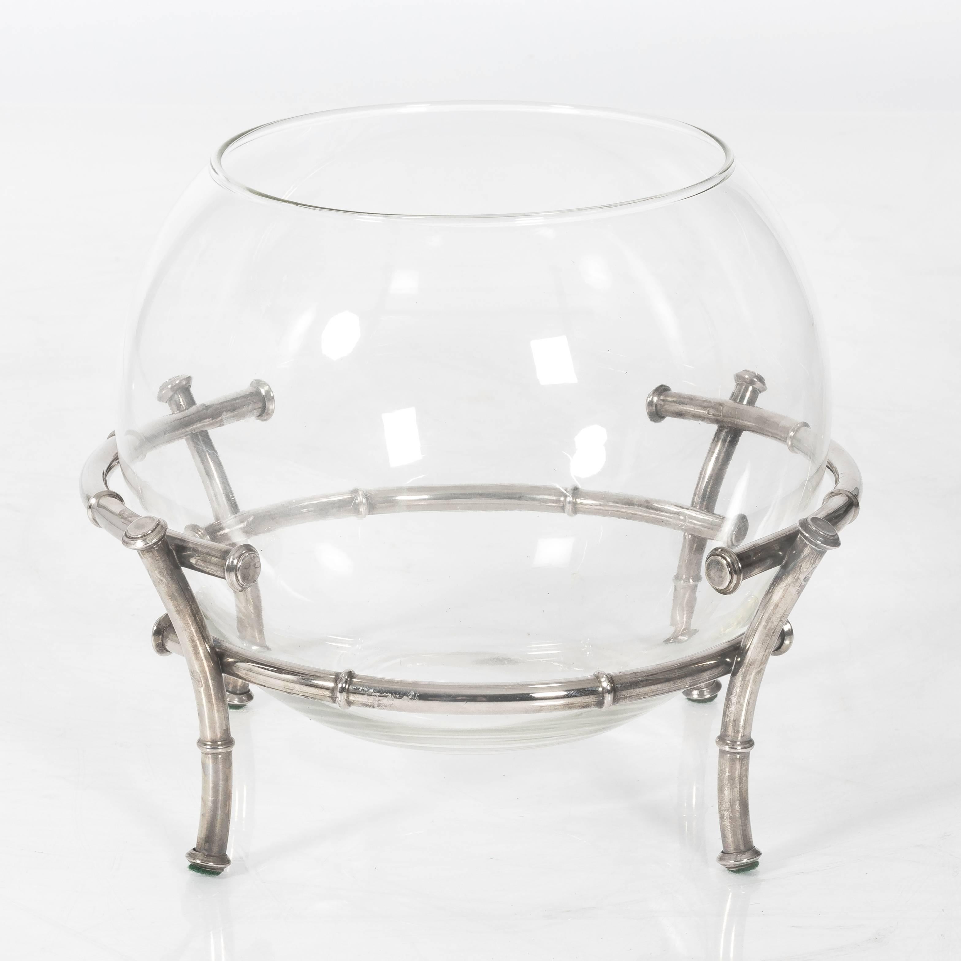 Large glass punch bowl with silver plate bamboo-style base. Coordinating 14