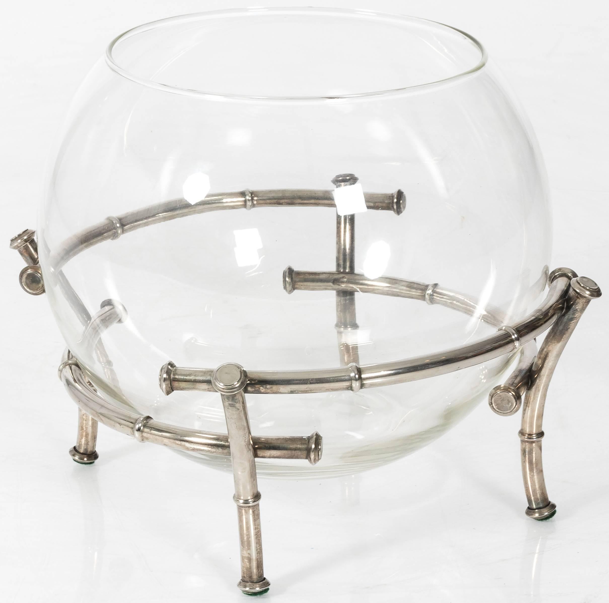 Chinoiserie Silver Plate Bamboo and Glass Punchbowl