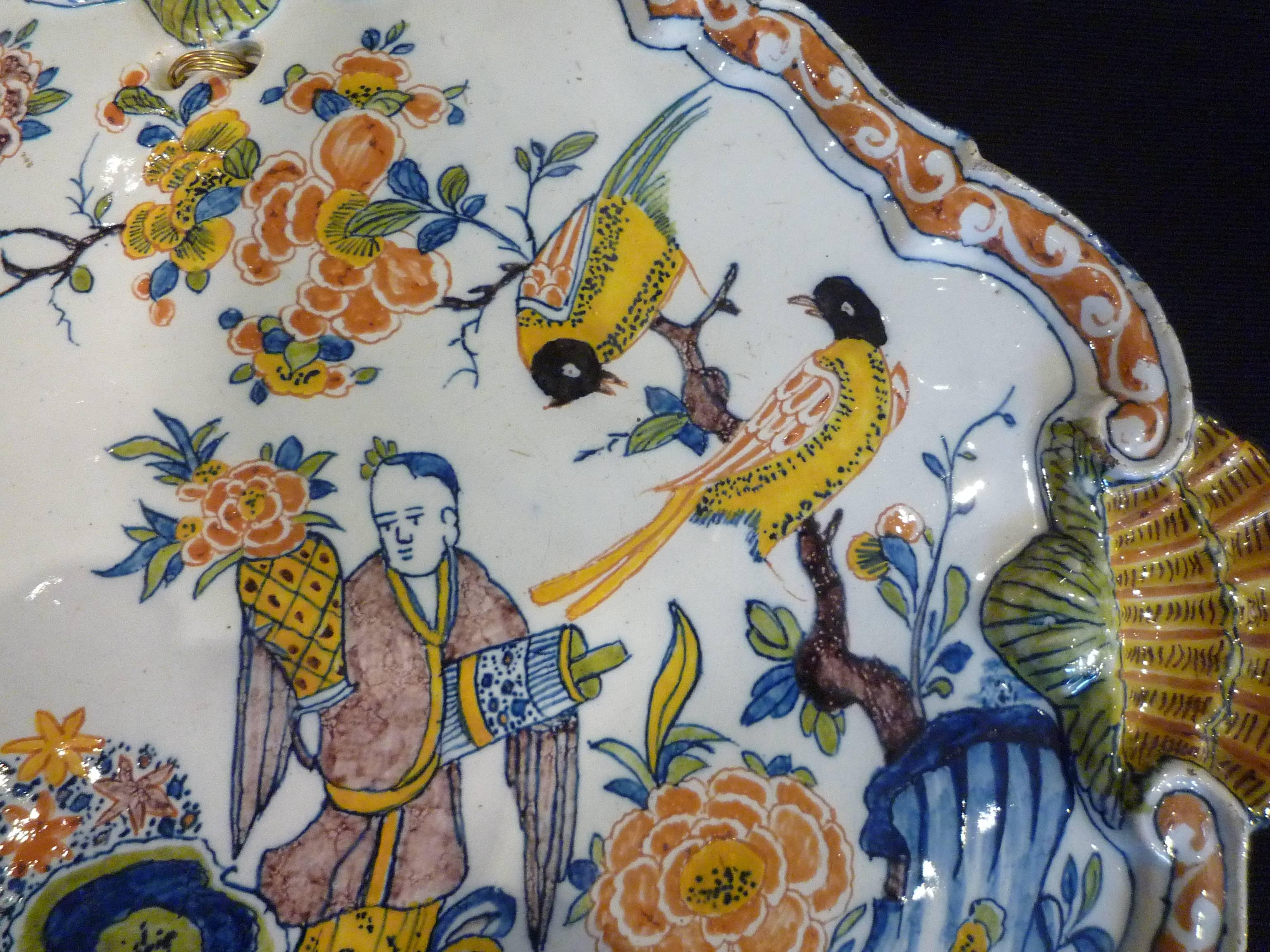 Dutch 18th Century Delft Polychrome Earthenware Plaque with Chinese Figures For Sale