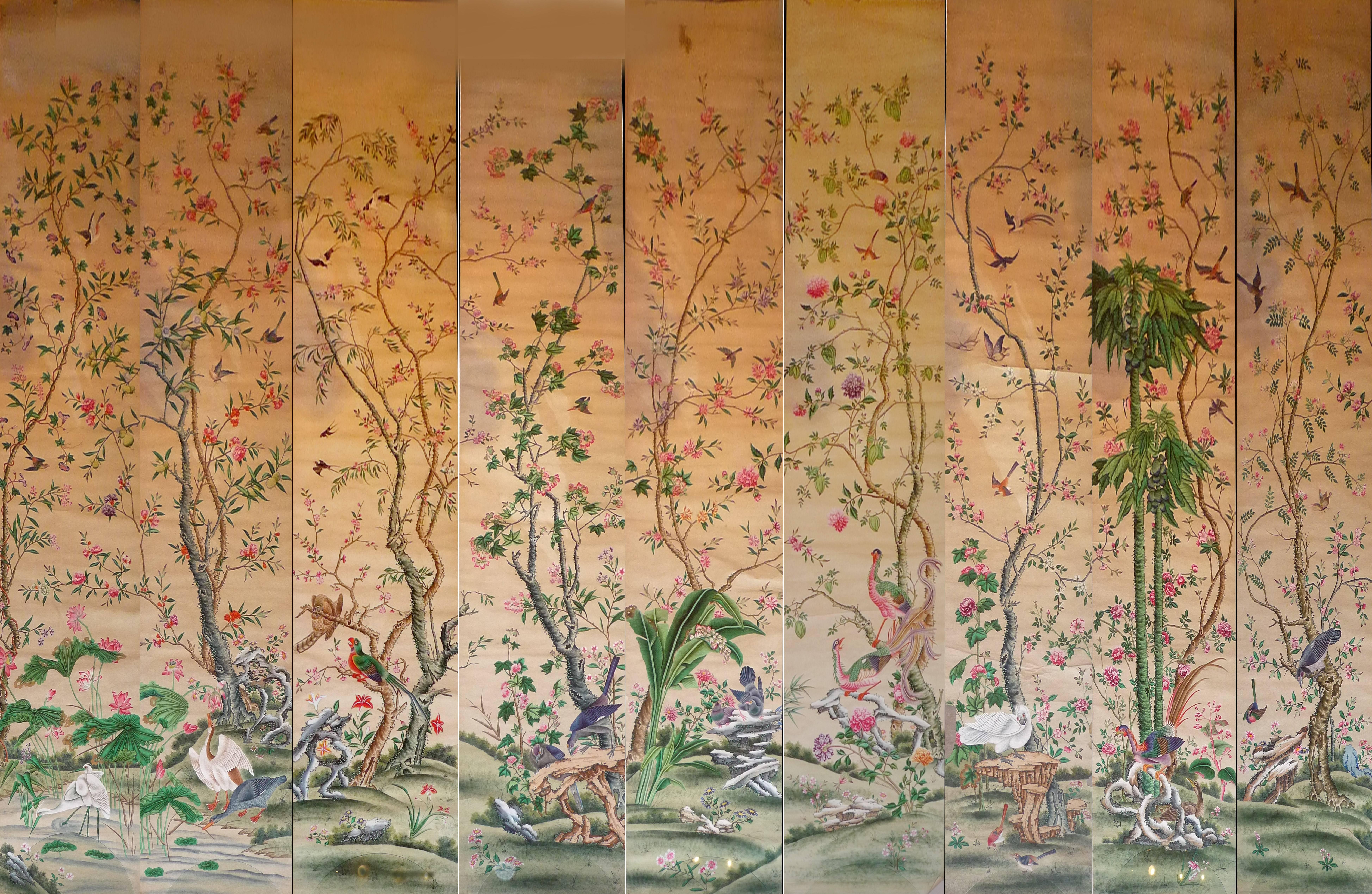 A very rare and complete set of nine Chinese export rolls of wallpaper, painted in Canton around 1750 (with a Chinese red stamp at the back), representing exotic birds in a rich landscape of trees and rocks. 
The colors are in perfect condition as