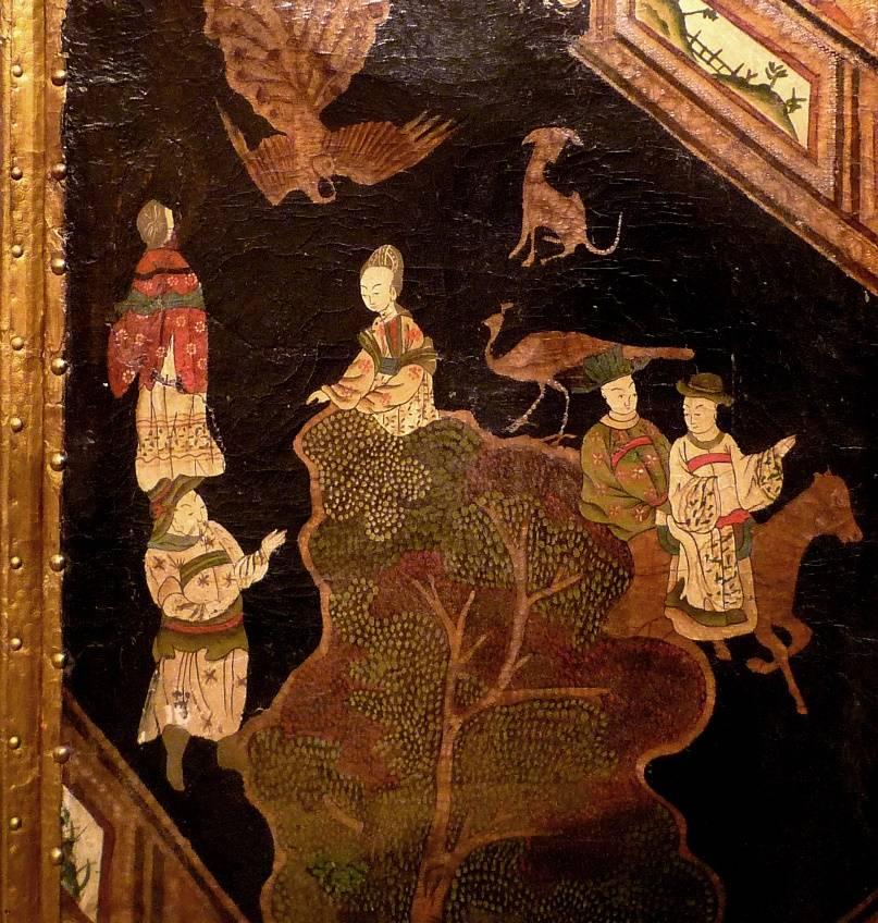 A rare Dutch painted leather on gold background six leaf screen, with a Fine decoration of palaces, garden and court scenes, in the manner of coromandel screens, Baroque period, circa 1700-1720.
Each leaf is 22'' x 8ft 9’’.