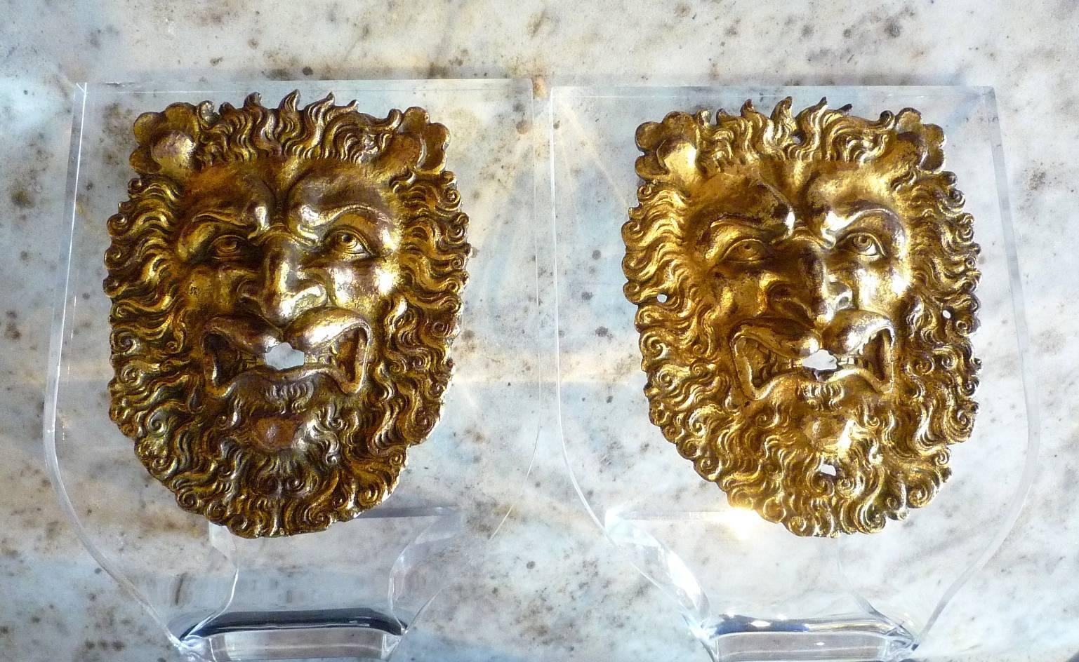 18th Century and Earlier Pair of Roman Renaissance Period Gilt Bronze Masks of Lions, 16th Century