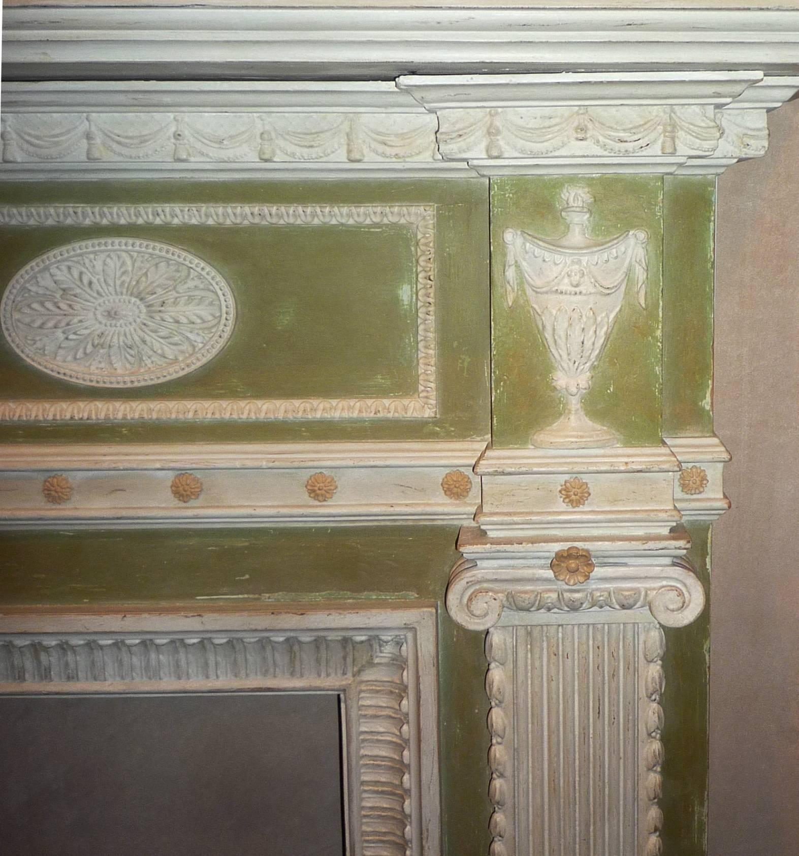 19th Century English Neoclassical Adam Style Carved and Painted Wood Fire Surround For Sale
