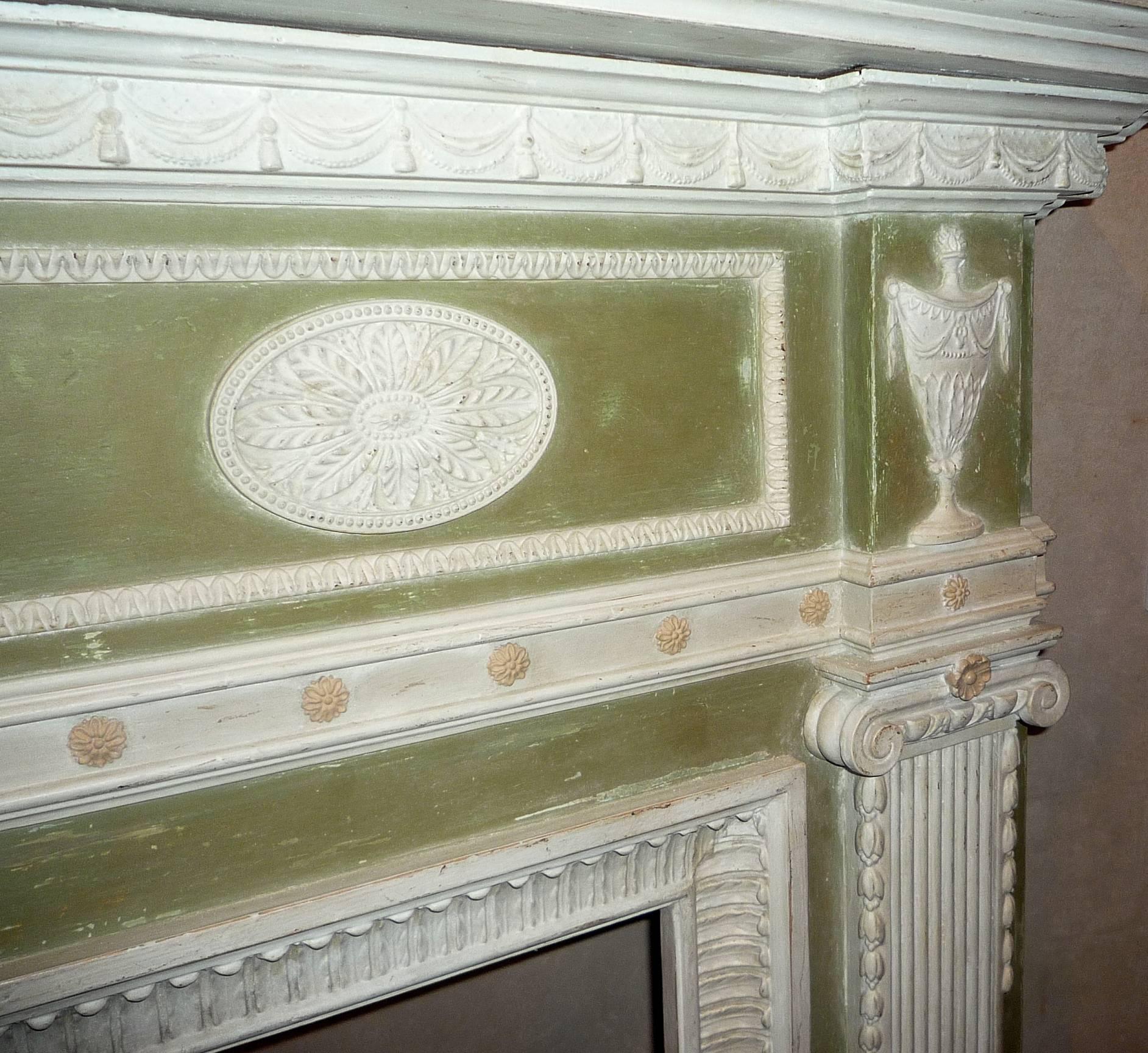 English Neoclassical Adam Style Carved and Painted Wood Fire Surround For Sale 1