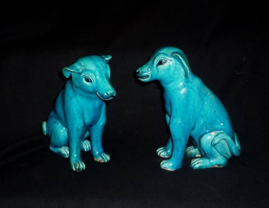 Pair of Chinese Export 'Compagnie des Indes' Turquoise Porcelain Dogs In Fair Condition In Paris, FR