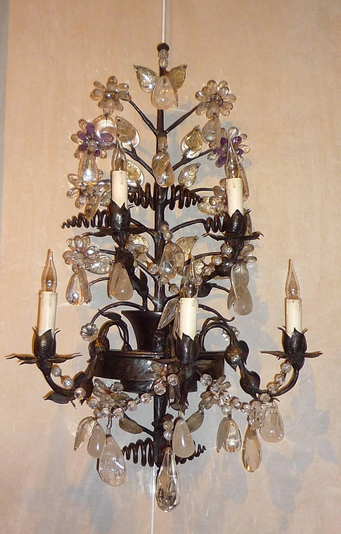Mid-20th Century Pair of Large French Iron and Rock Crystal Sconces, Baguès, circa 1950 For Sale