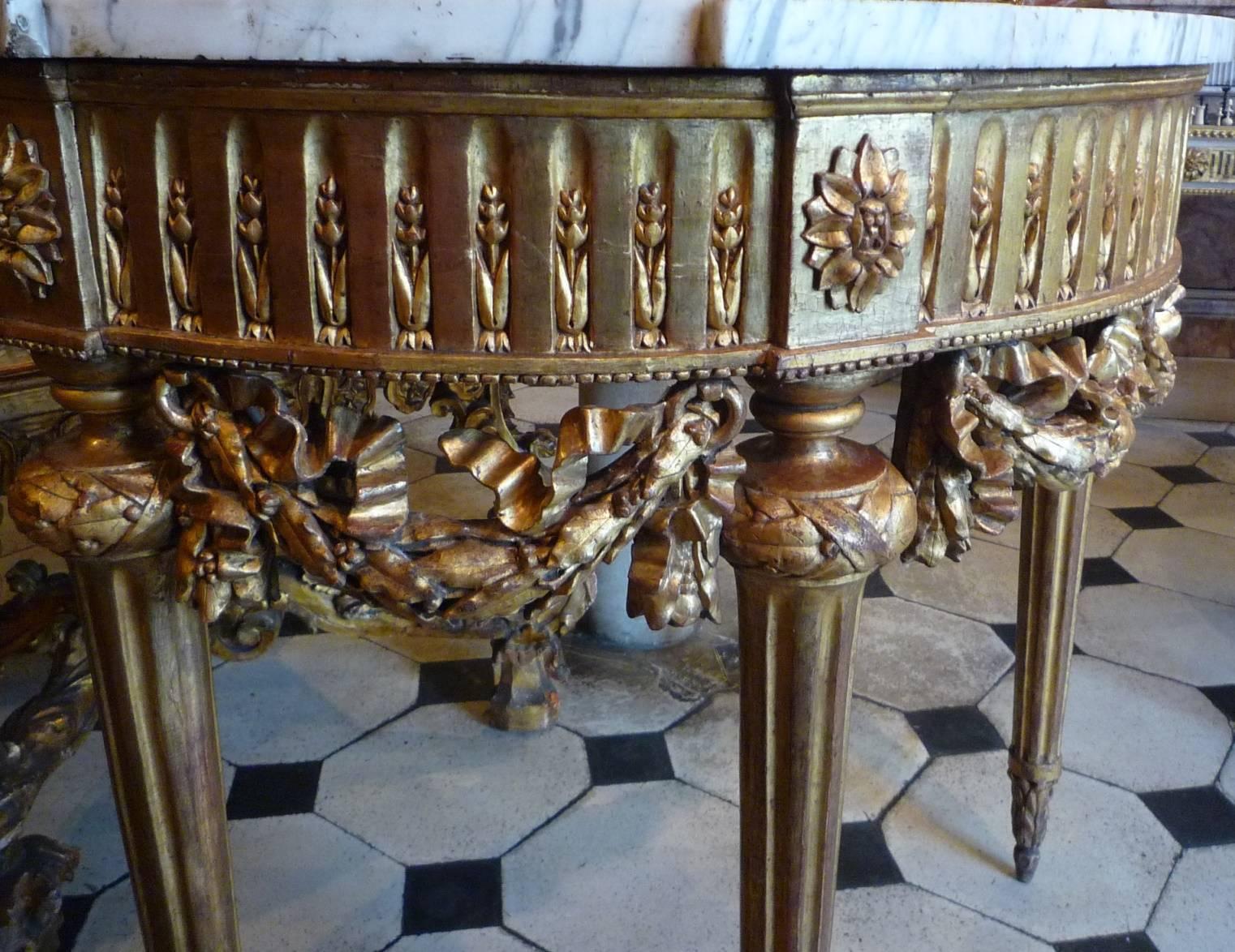 Marble French Louis XVI Period Carved and Giltwood Demilune Console Table, 1780 For Sale