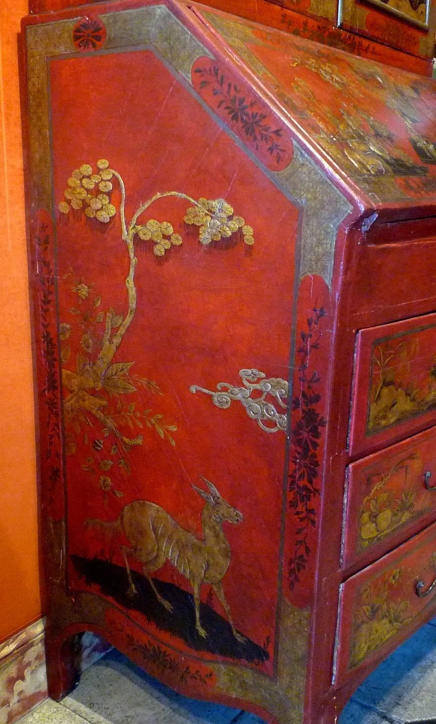 Wood English George II Period Chinoiserie Painted Bureau Bookcase, circa 1740 For Sale