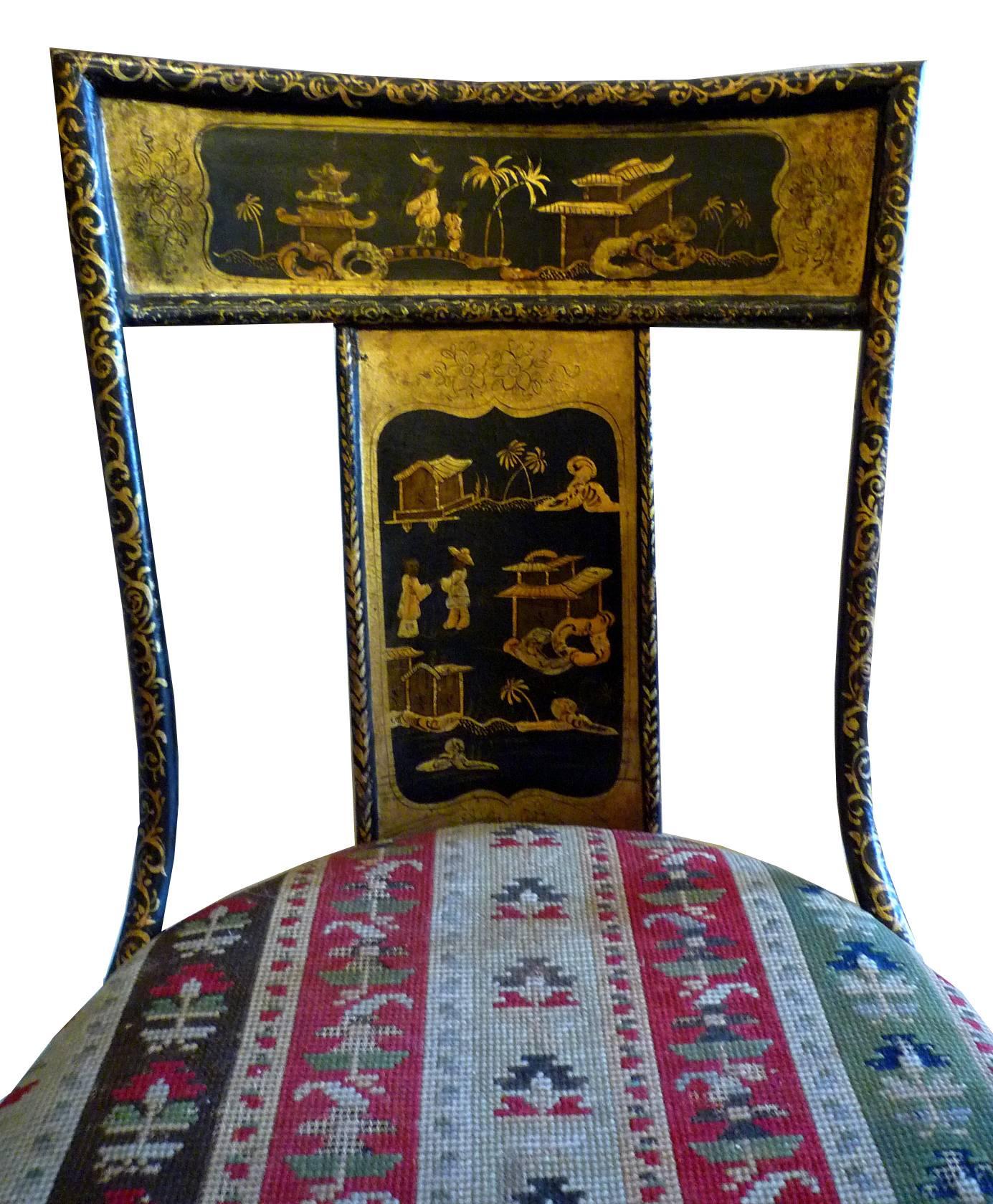 English Pair of Victorian Painted Iron Chairs, Chinoiserie Decoration, Prov. M. Castaing