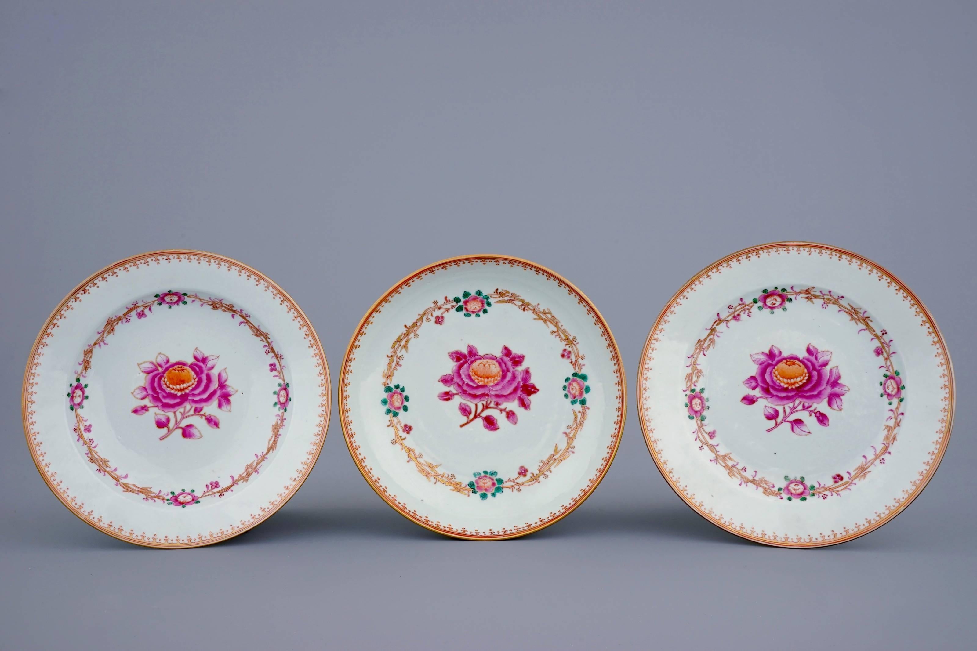A part table service in Chinese export porcelain, circa 1765-1770, from the “John Adams service” (similar to the service ordered by the future second President of the United States). Comprising 37 pieces: One large dish, one octagonal dish, four