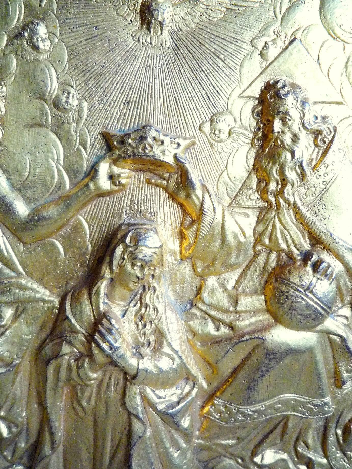 Italian Renaissance Chiselled Gilt Bronze Plaque, Coronation of the Virgin For Sale 3