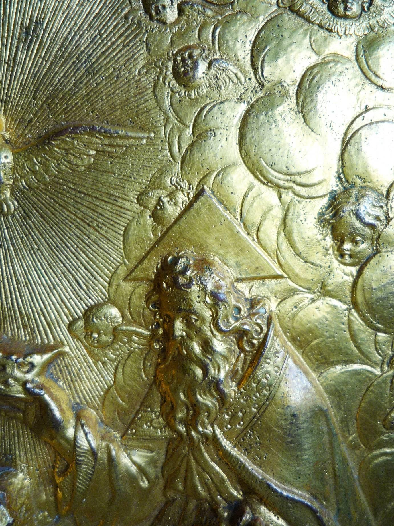 Italian Renaissance Chiselled Gilt Bronze Plaque, Coronation of the Virgin For Sale 1