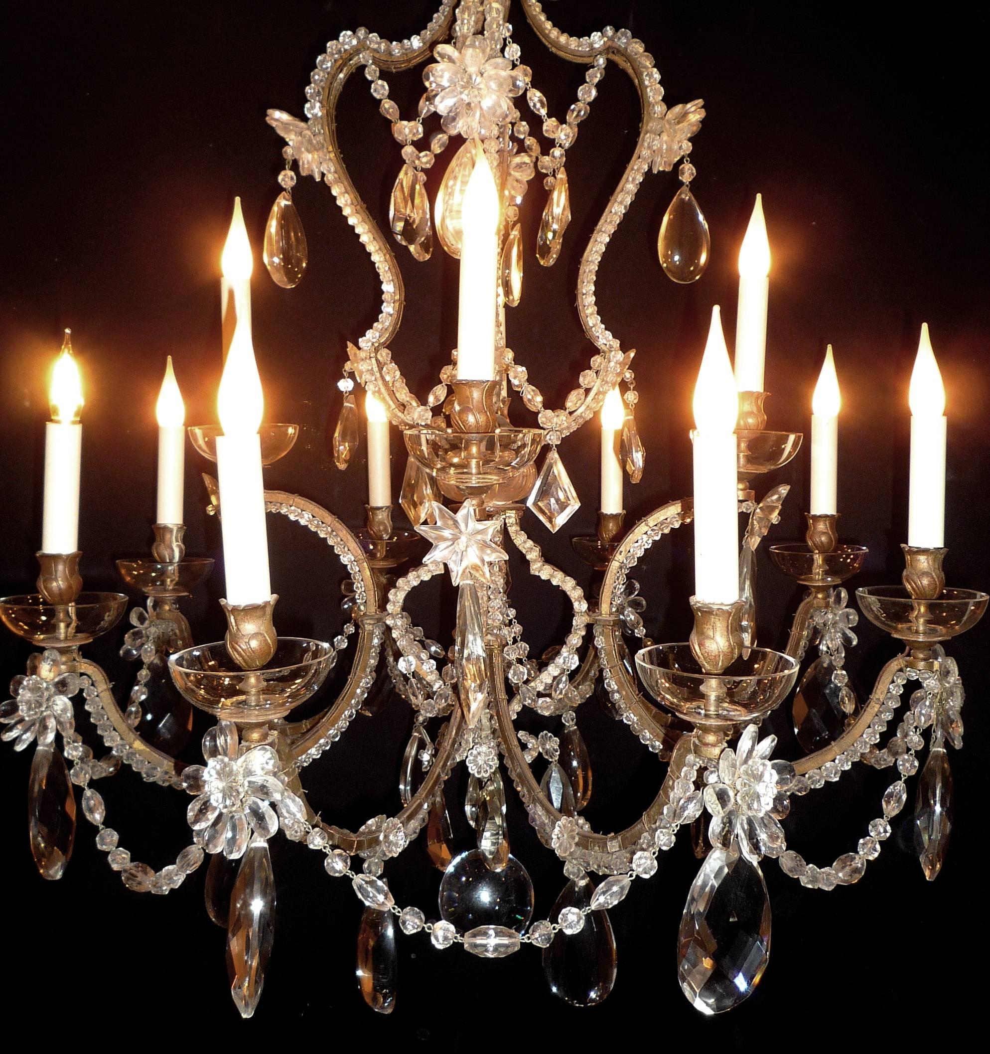 Louis XV Large French Gilt Bronze Metal and Crystal Chandelier, Maison Baguès, circa 1940