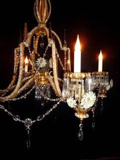 Italian Painted and Gilt Tole and Crystal Six-Light Grotto Chandelier