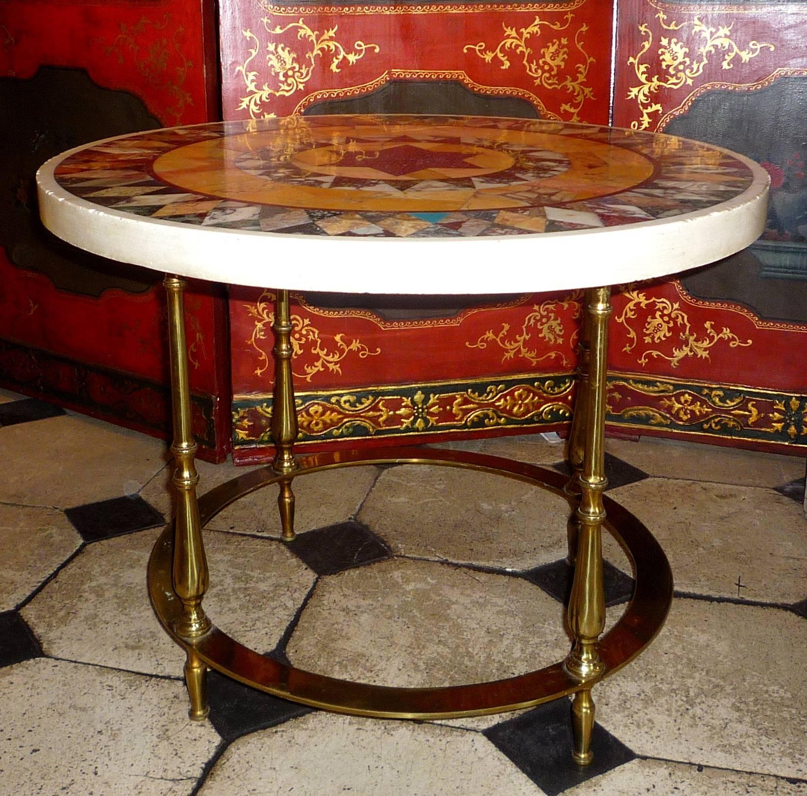 Neoclassical French 1950s Bronze Gueridon with an Italian Marble and Porphyry Circular Top