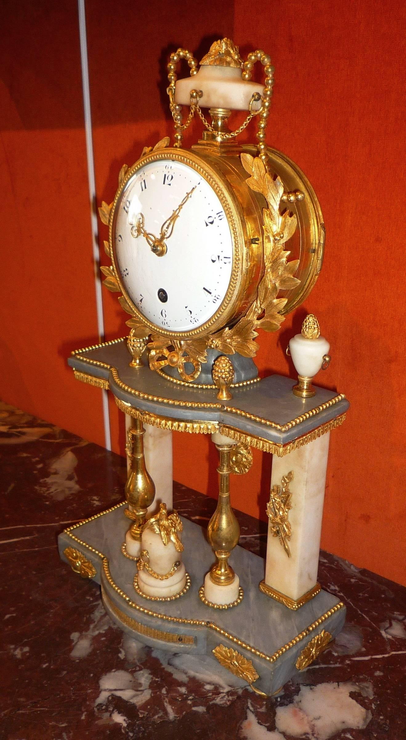 French Louis XVI Period Marble and Ormolu Portico Clock 