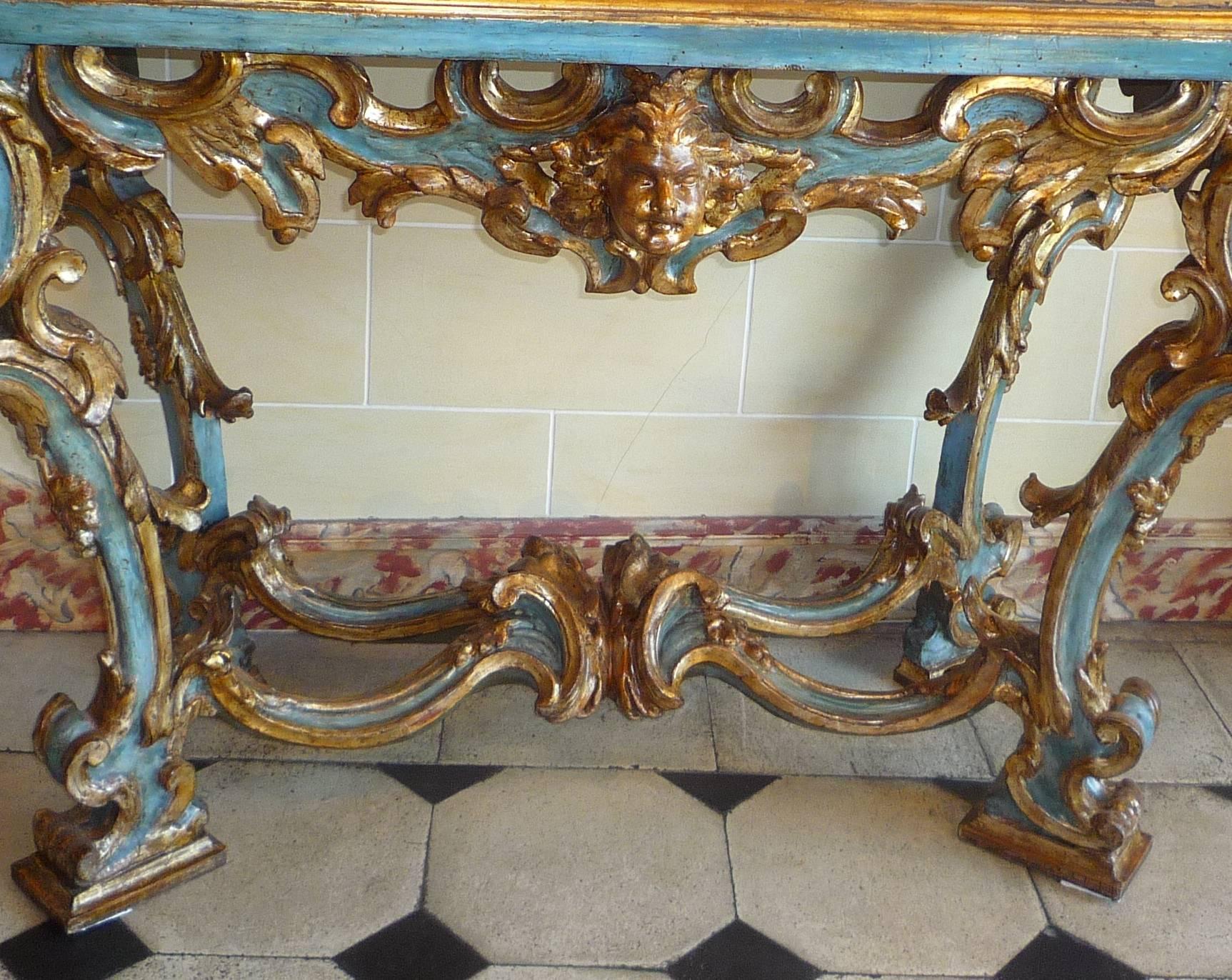 Giltwood 18th Century Baroque Roman Painted and Gilt Carved Wood Console Table