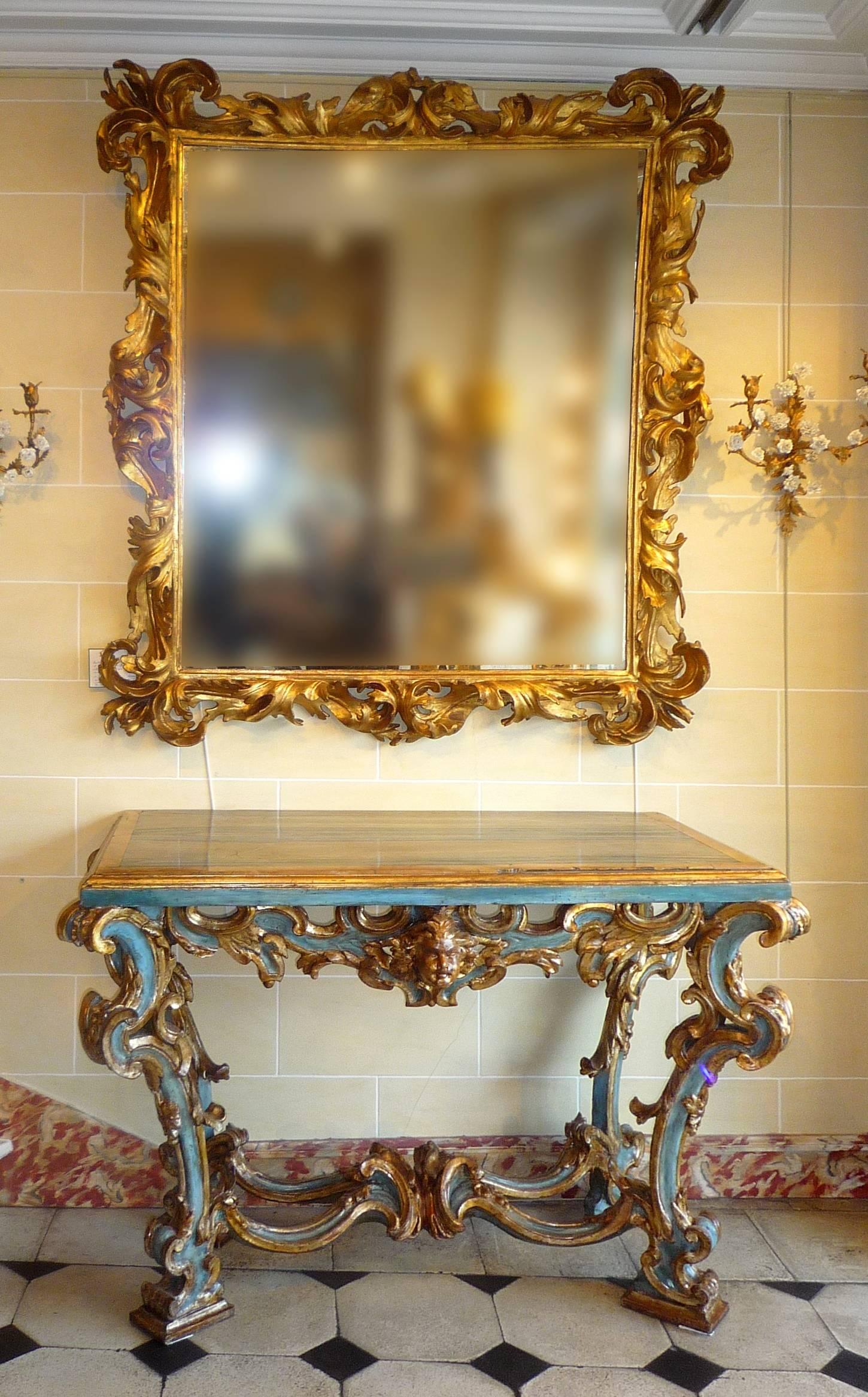18th Century Baroque Roman Painted and Gilt Carved Wood Console Table In Good Condition In Paris, FR