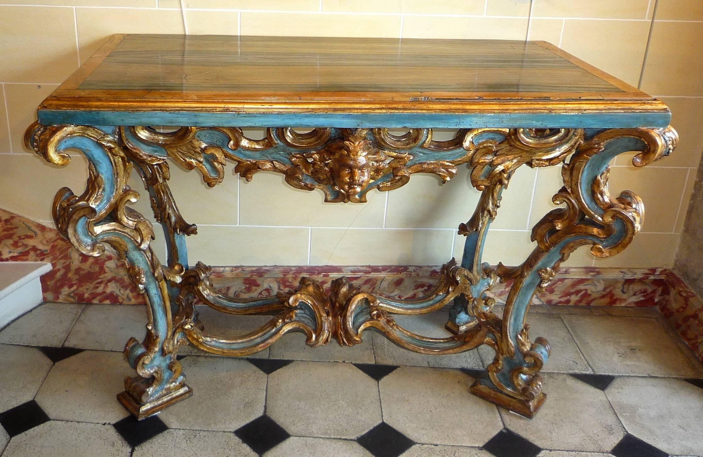 Italian 18th Century Baroque Roman Painted and Gilt Carved Wood Console Table