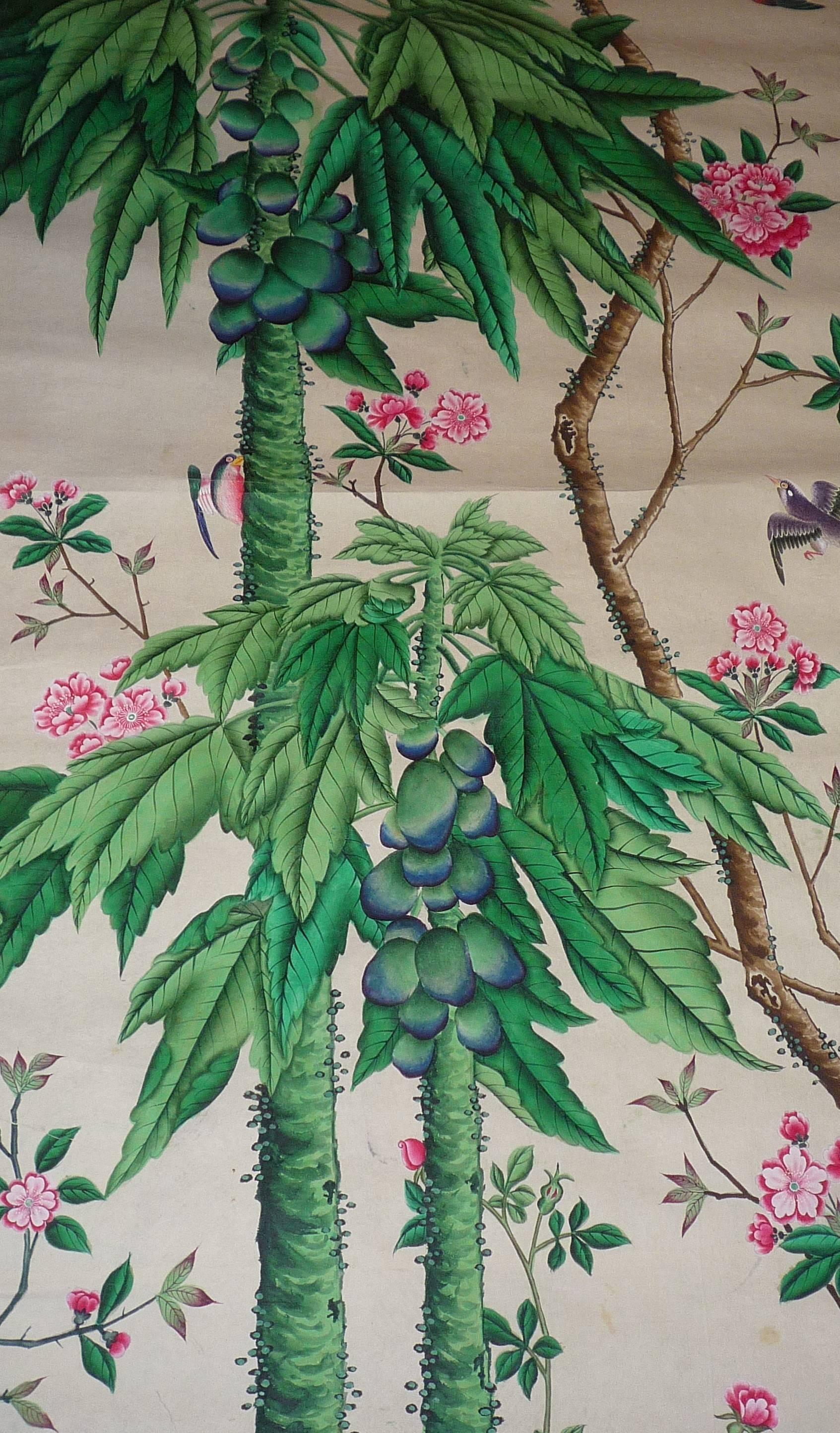 Painted 18th Century Rare Set of Nine Chinese Export Wallpapers on Paper, circa 1750 For Sale