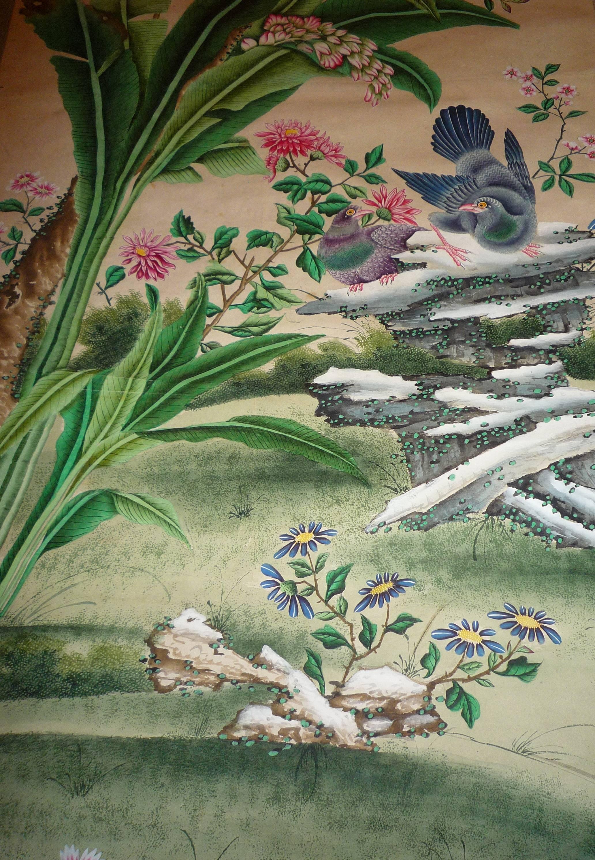 18th Century Rare Set of Nine Chinese Export Wallpapers on Paper, circa 1750 In Fair Condition For Sale In Paris, FR
