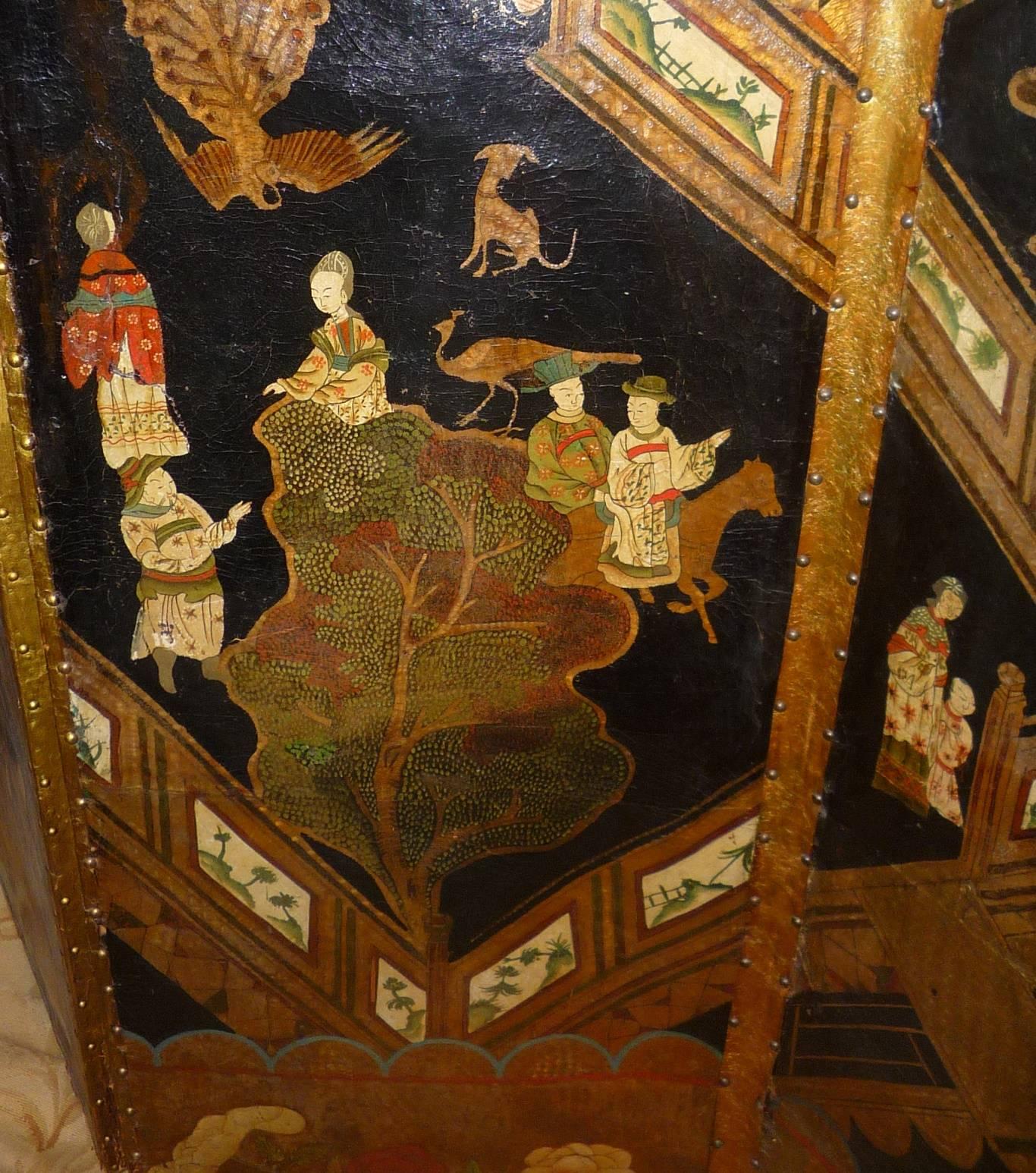 18th Century Dutch Painted Leather Six Leaf Screen in the Manner of Coromandel For Sale 3