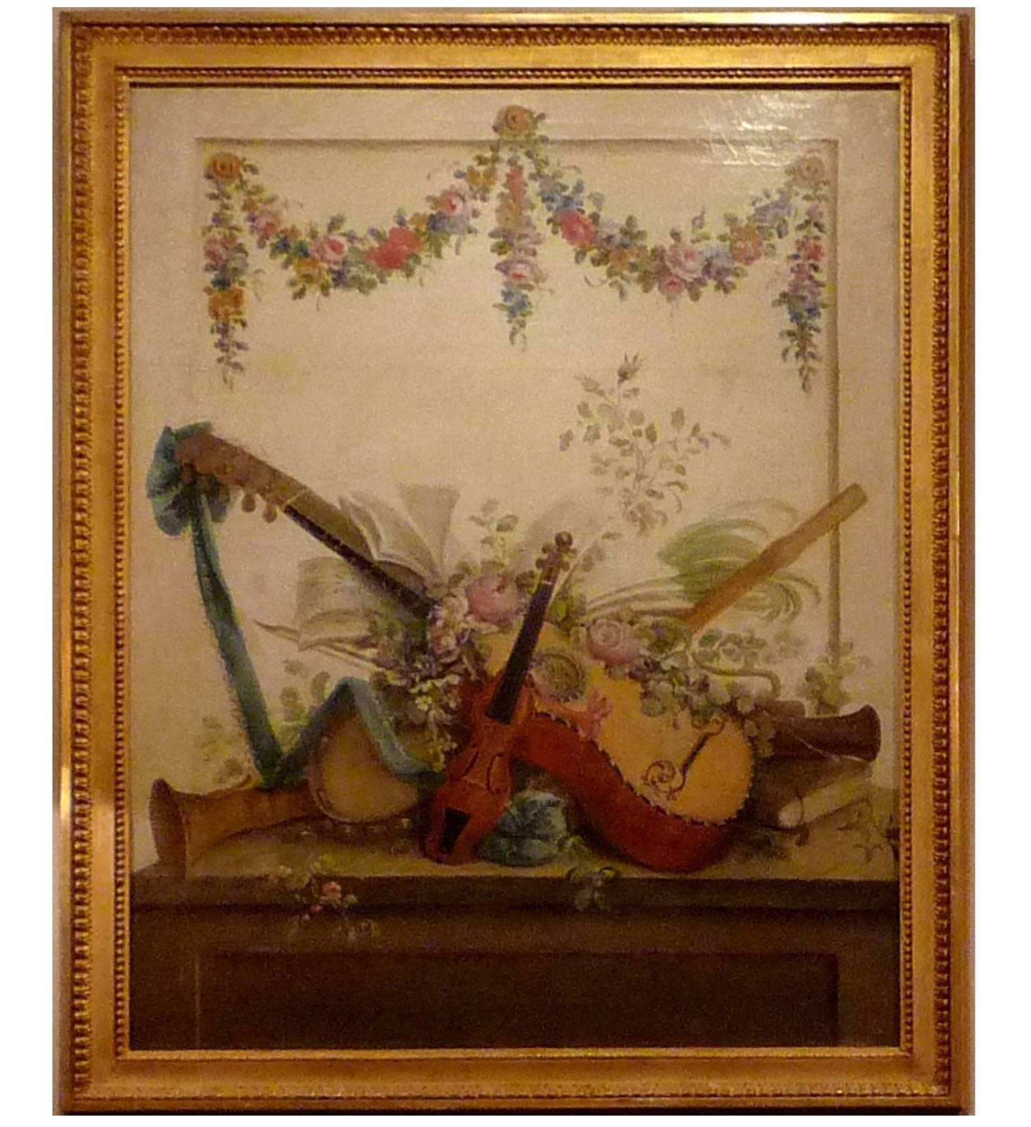 Pair of Louis XVI Period Paintings Le Riche Musical Instruments Trophies In Good Condition For Sale In Paris, FR