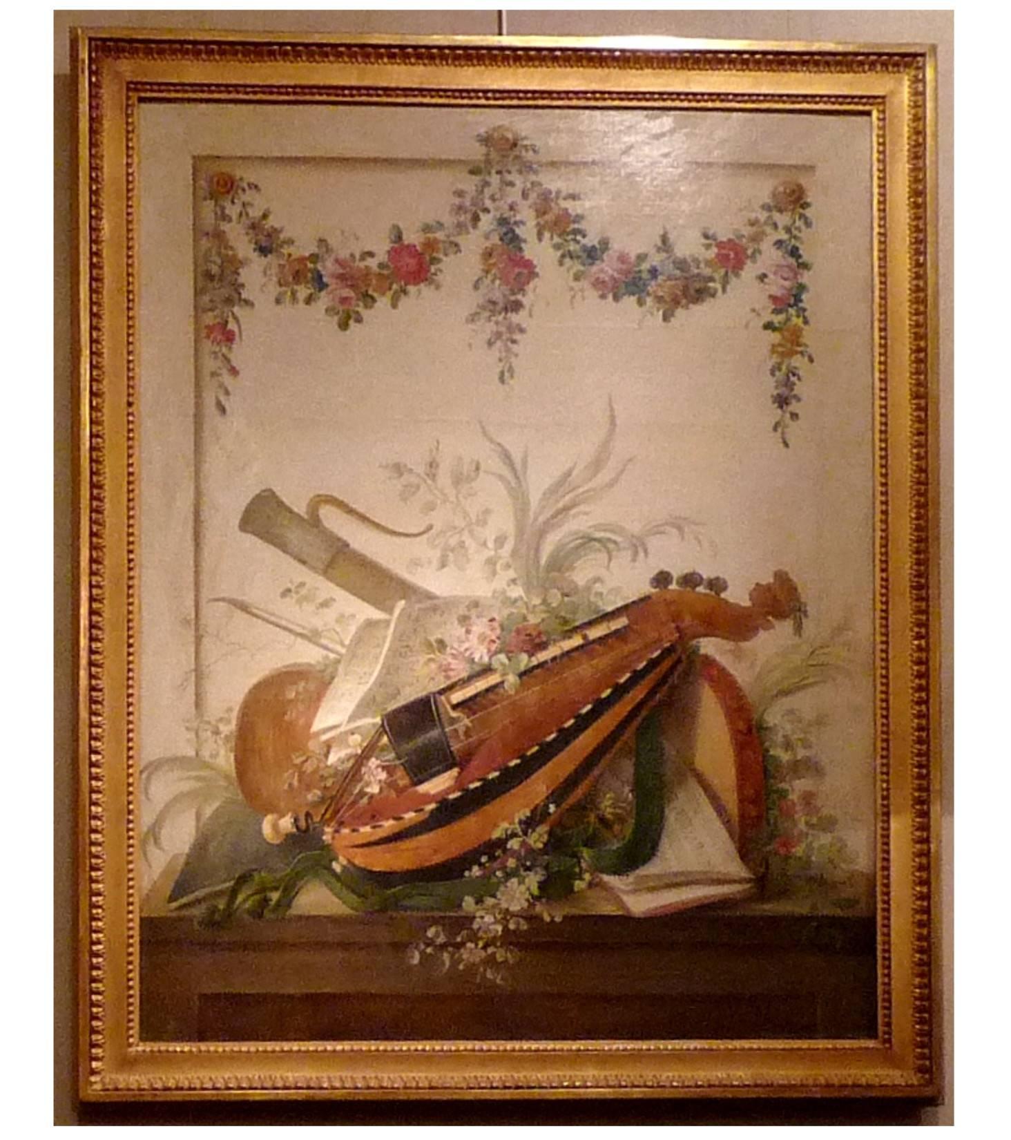Late 18th Century Pair of Louis XVI Period Paintings Le Riche Musical Instruments Trophies For Sale