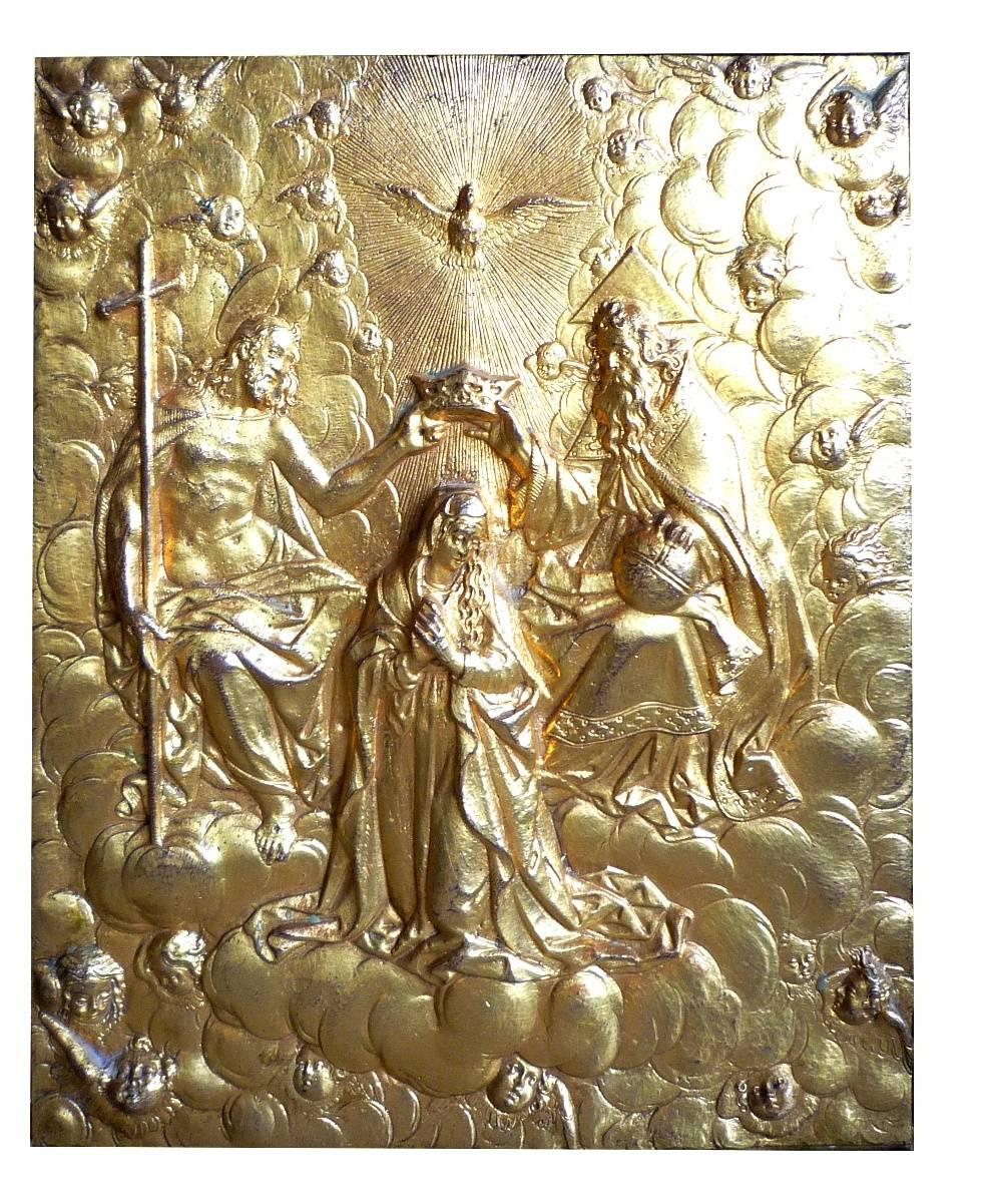 A fine Italian (Tuscan) chiselled and gilt bronze plaque of the Coronation of the Virgin, Renaissance period, late 16th century in a 17th century ebony frame.
Dimensions of the bronze plaque: 7 ¼