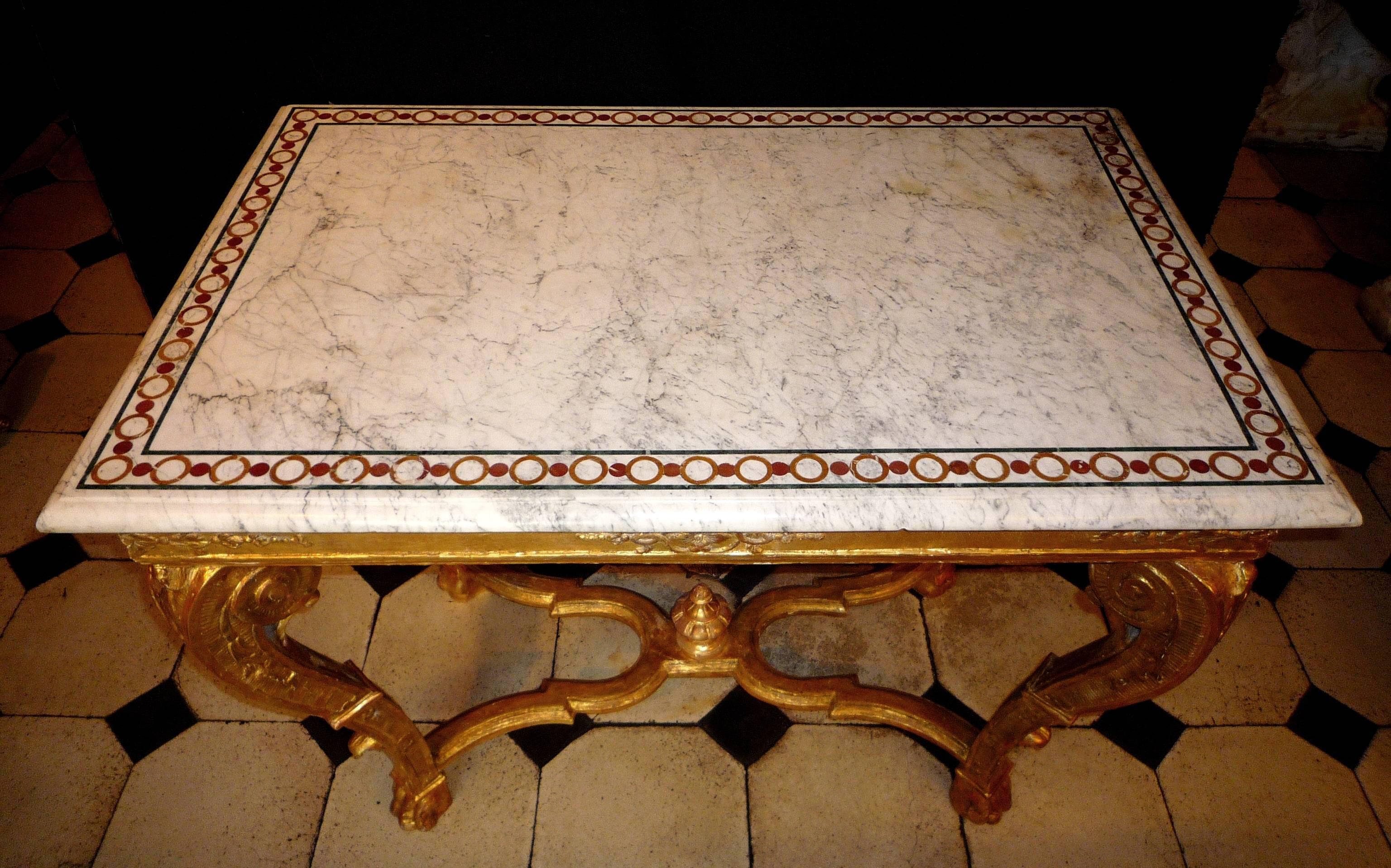 Baroque French Louis XV Period Carved and Giltwood Center Table with a Marble Top For Sale