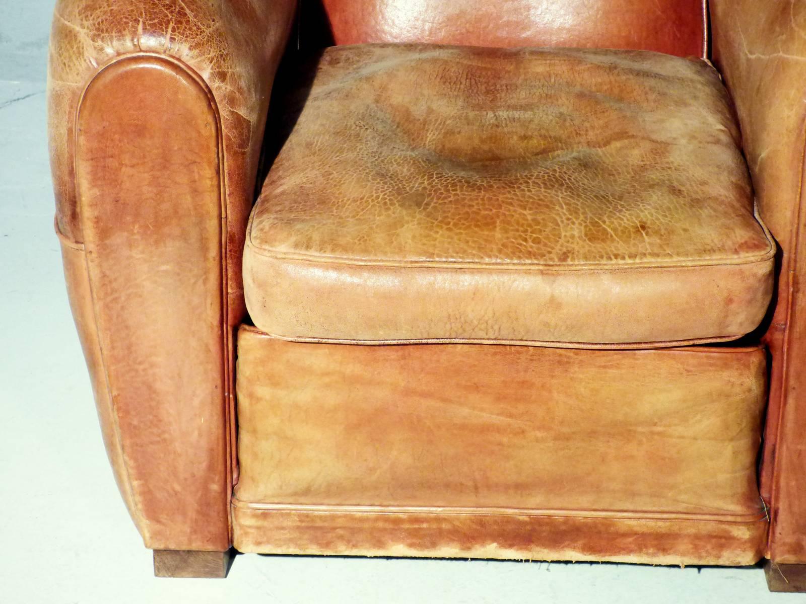 Pair of French Leather Club Chairs from 1930s In Good Condition In Dusseldorf, NRW