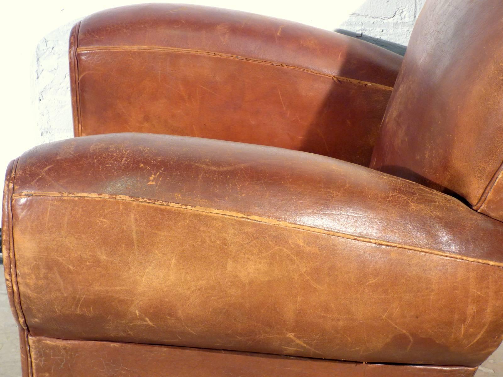Mid-20th Century 1940s French Mustache Leather Club Chair For Sale