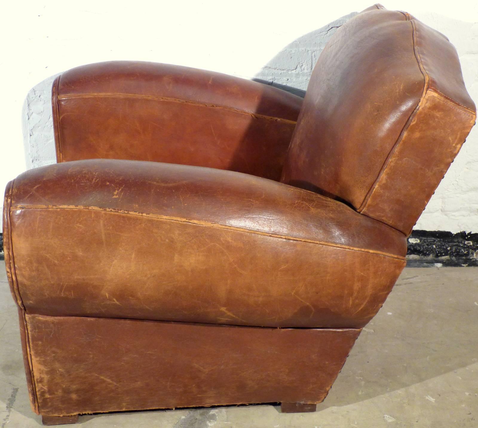 1940s French Mustache Leather Club Chair For Sale 1