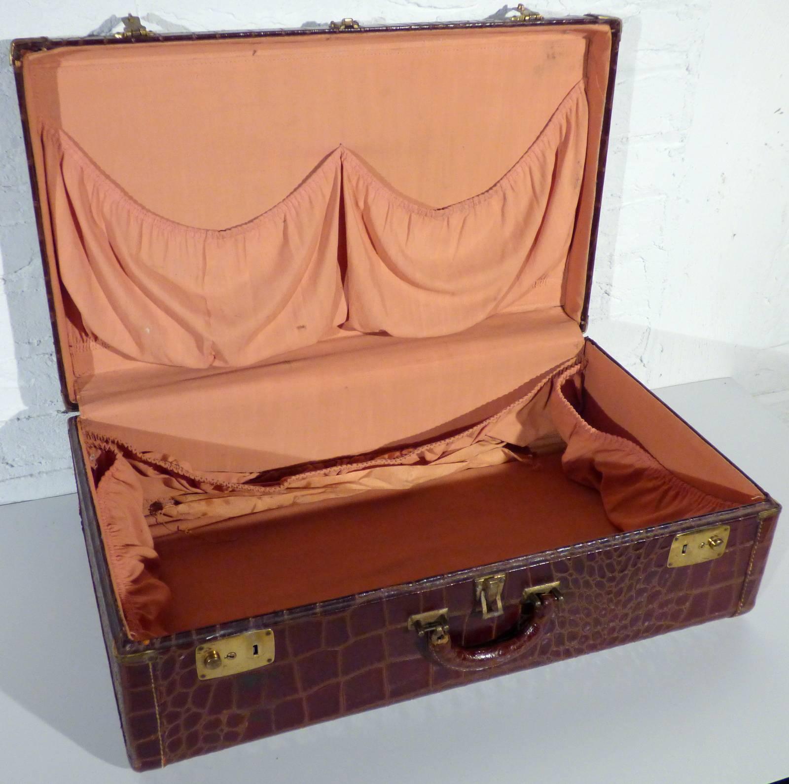Art Deco Crocodile Suitcase Luggage from 1950s For Sale