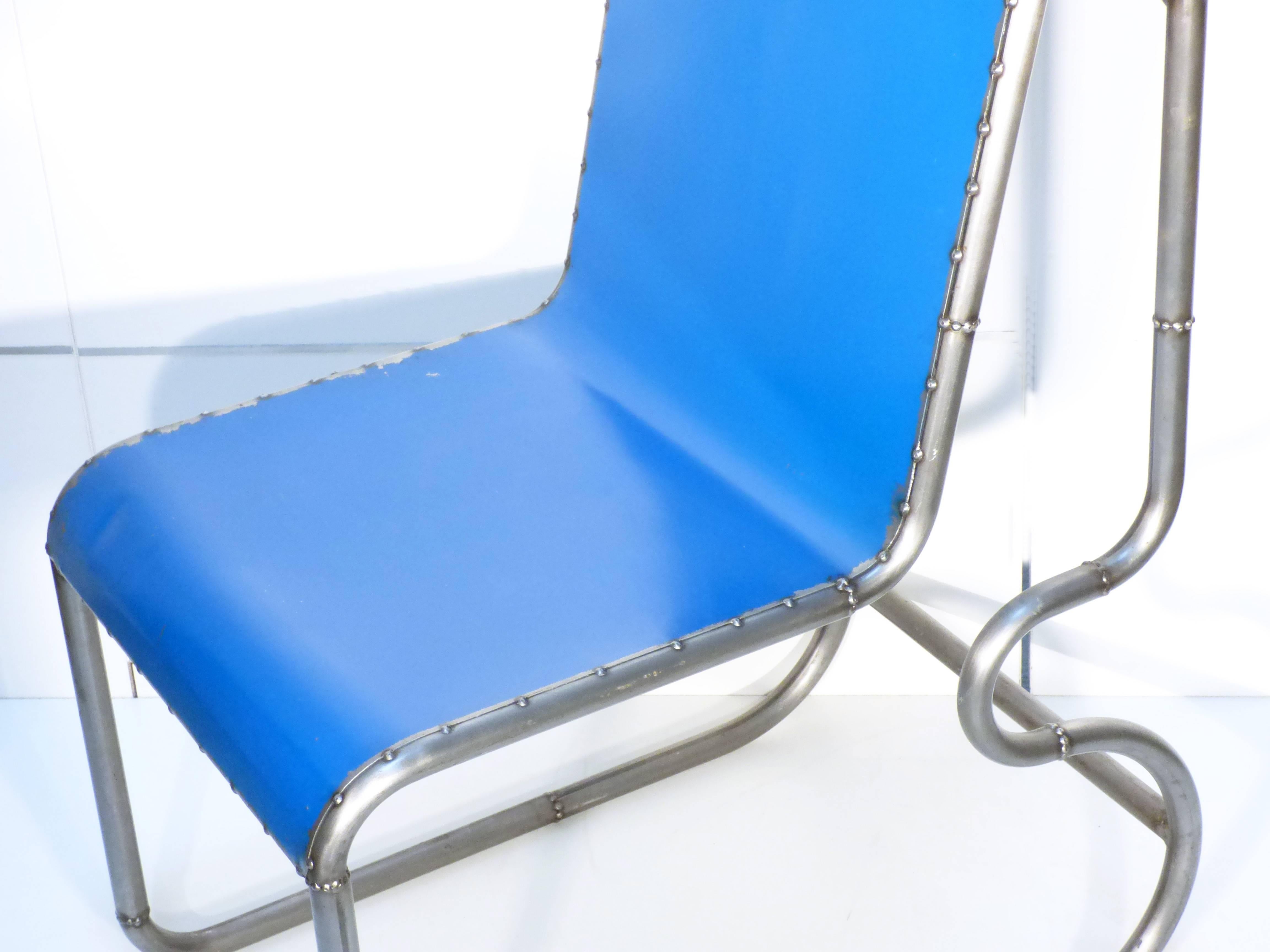 Welded American Reclaimed Steel Blue Chair in Industrial Design, Office or Desk Chair  For Sale