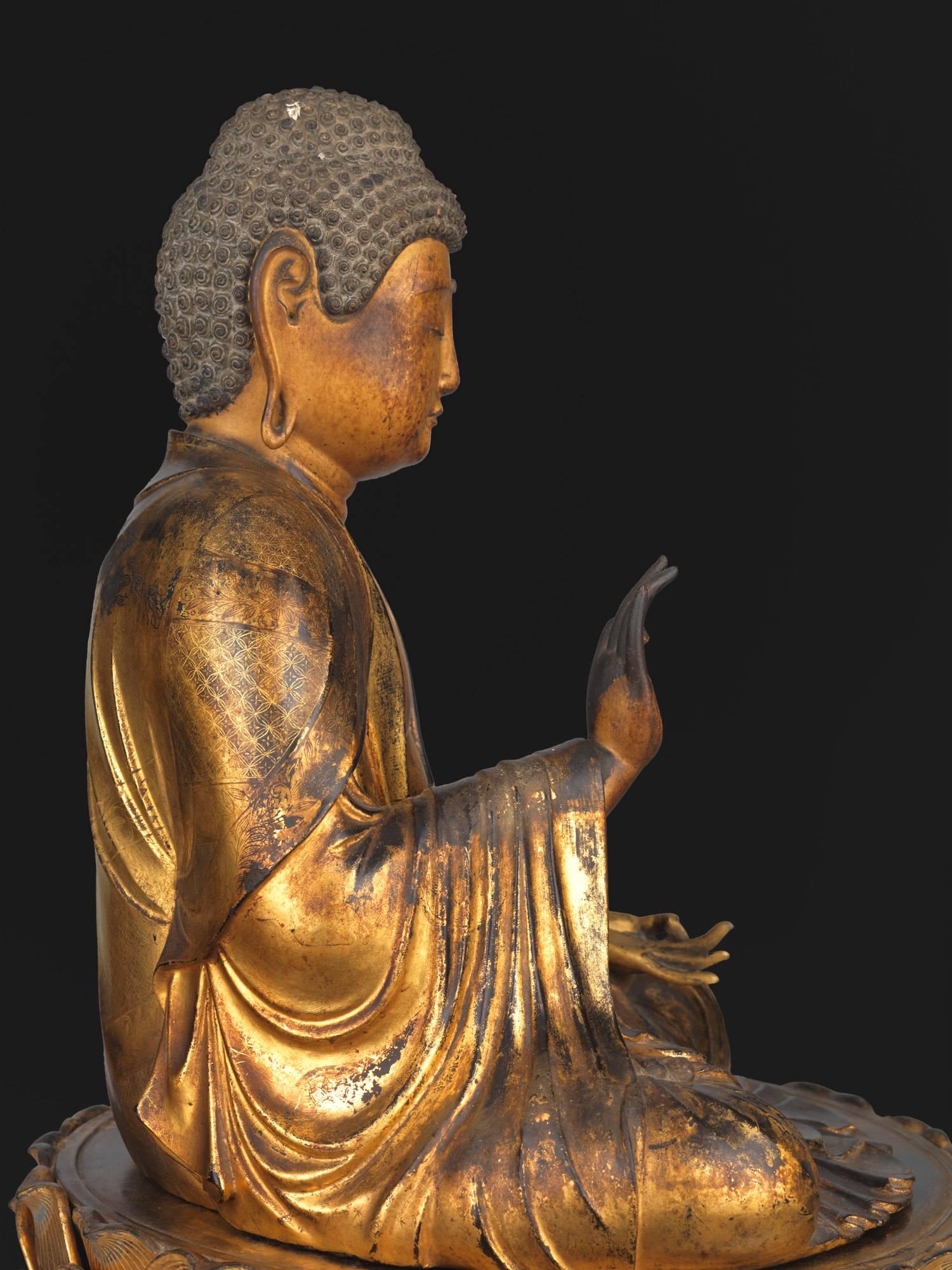 Wood 13th Century Giltwood Buddhist Figure For Sale